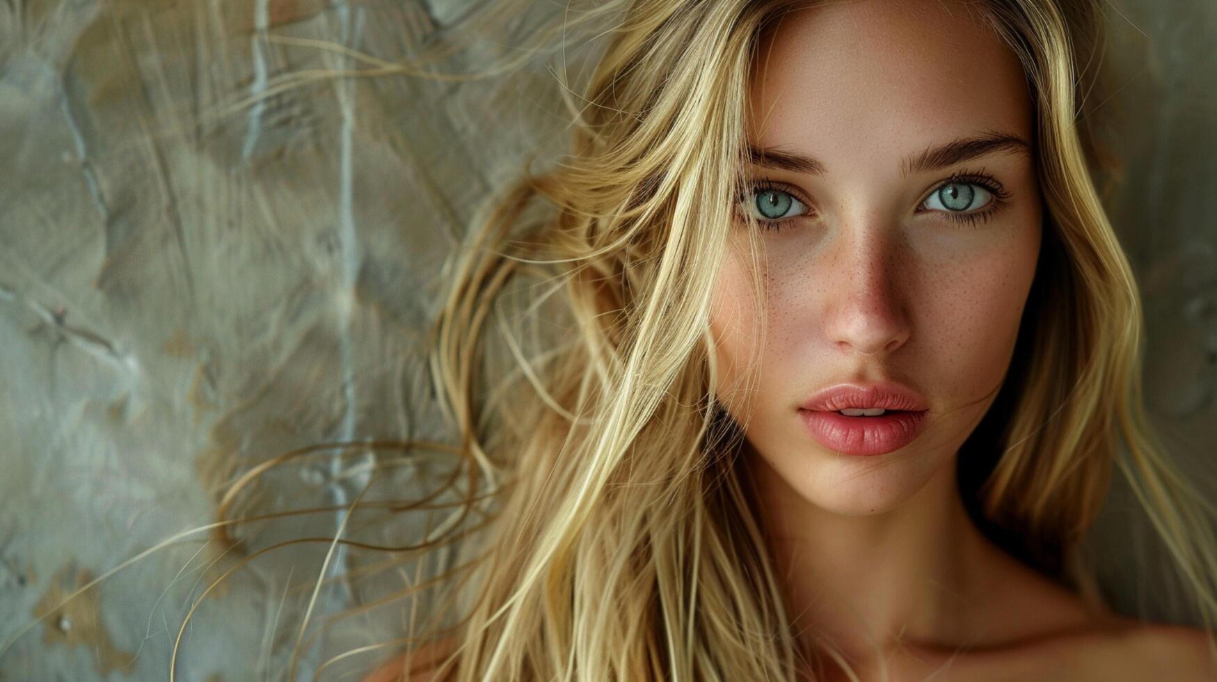 beautiful woman with long blond hair looking photo