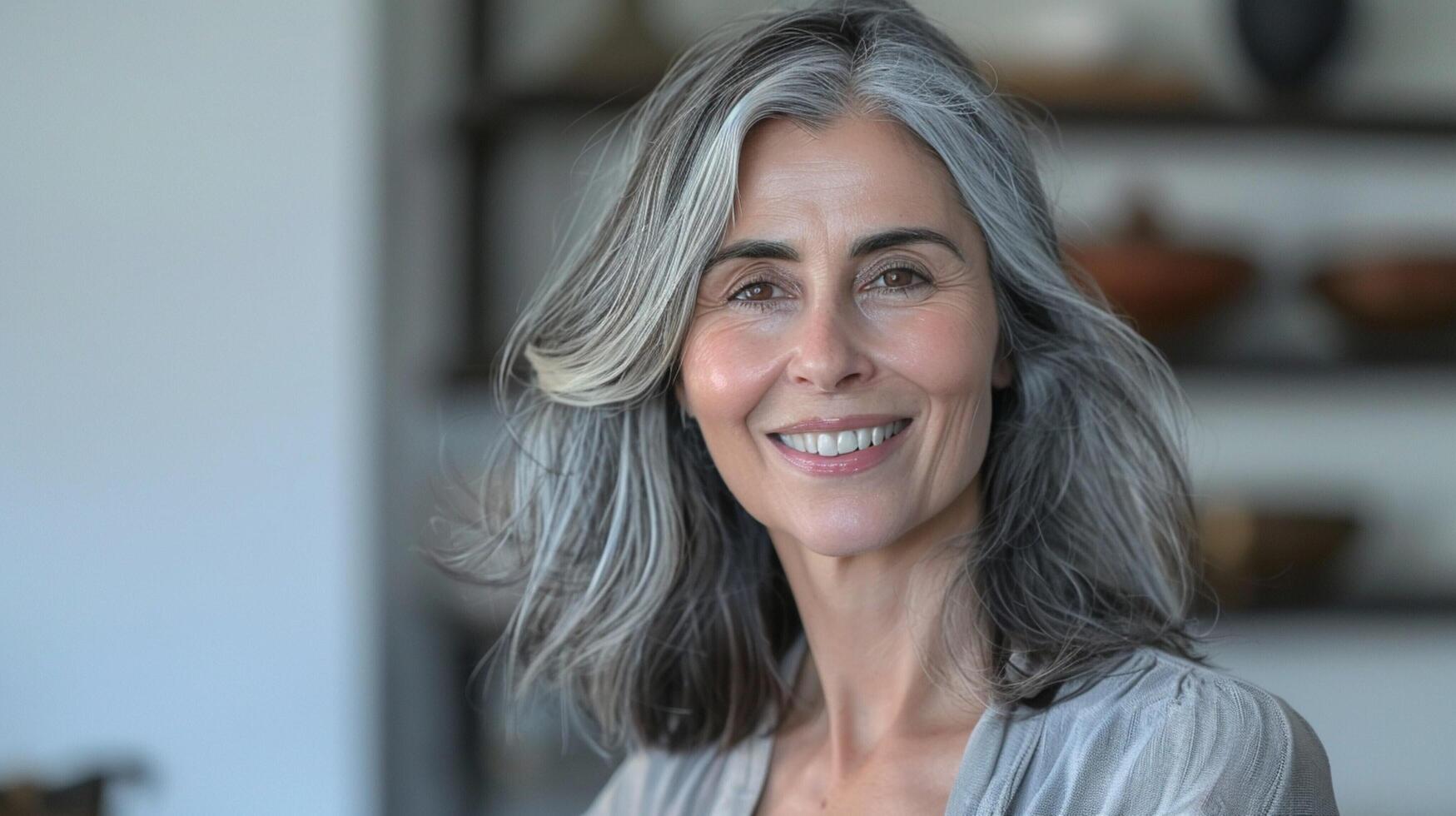 beautiful woman with gray hair smiling confident photo