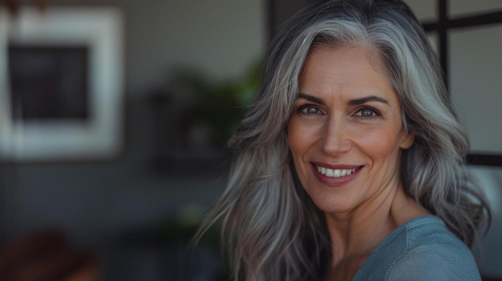 beautiful woman with gray hair smiling confident photo