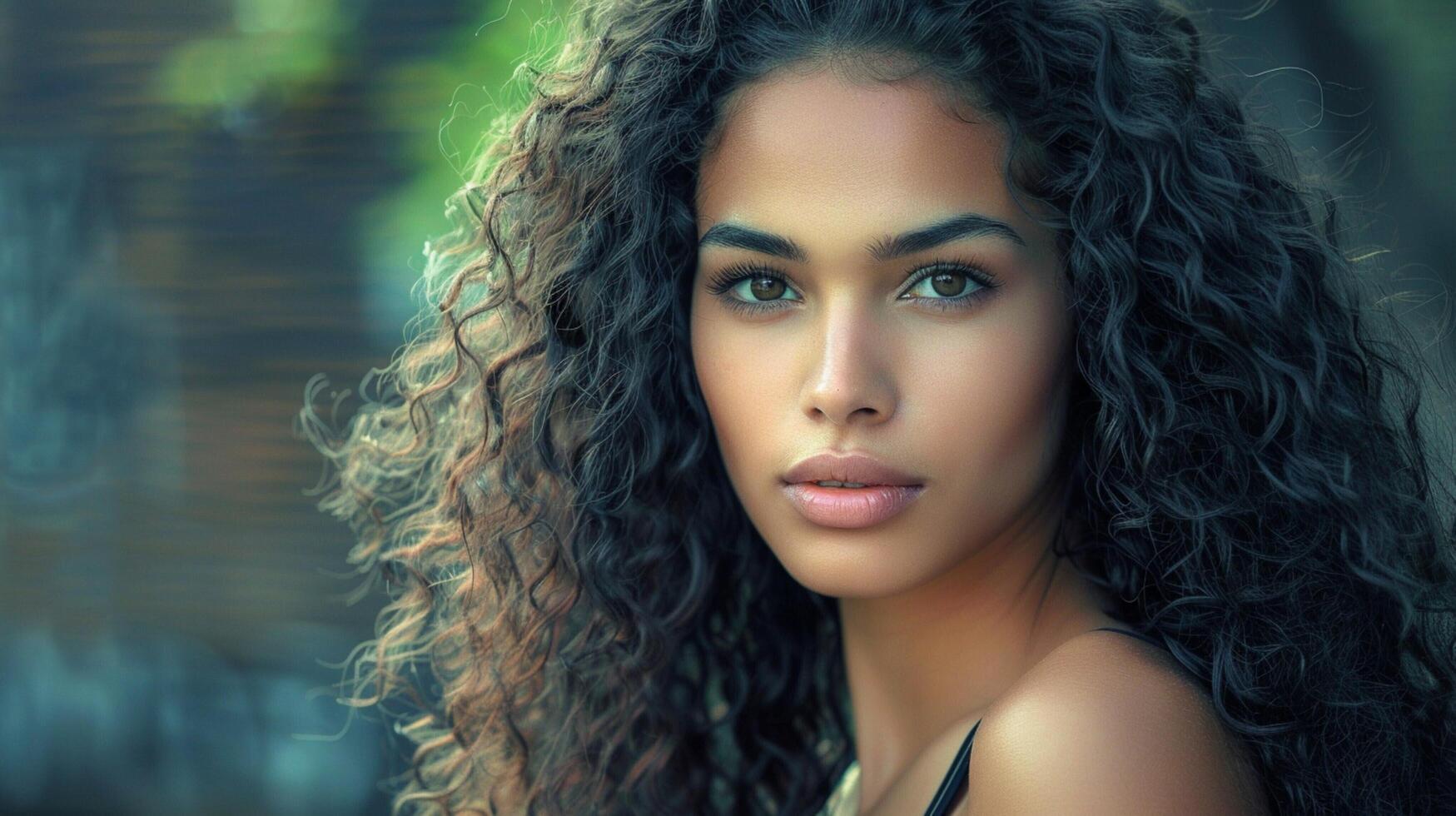 beautiful woman with long curly hair looking photo
