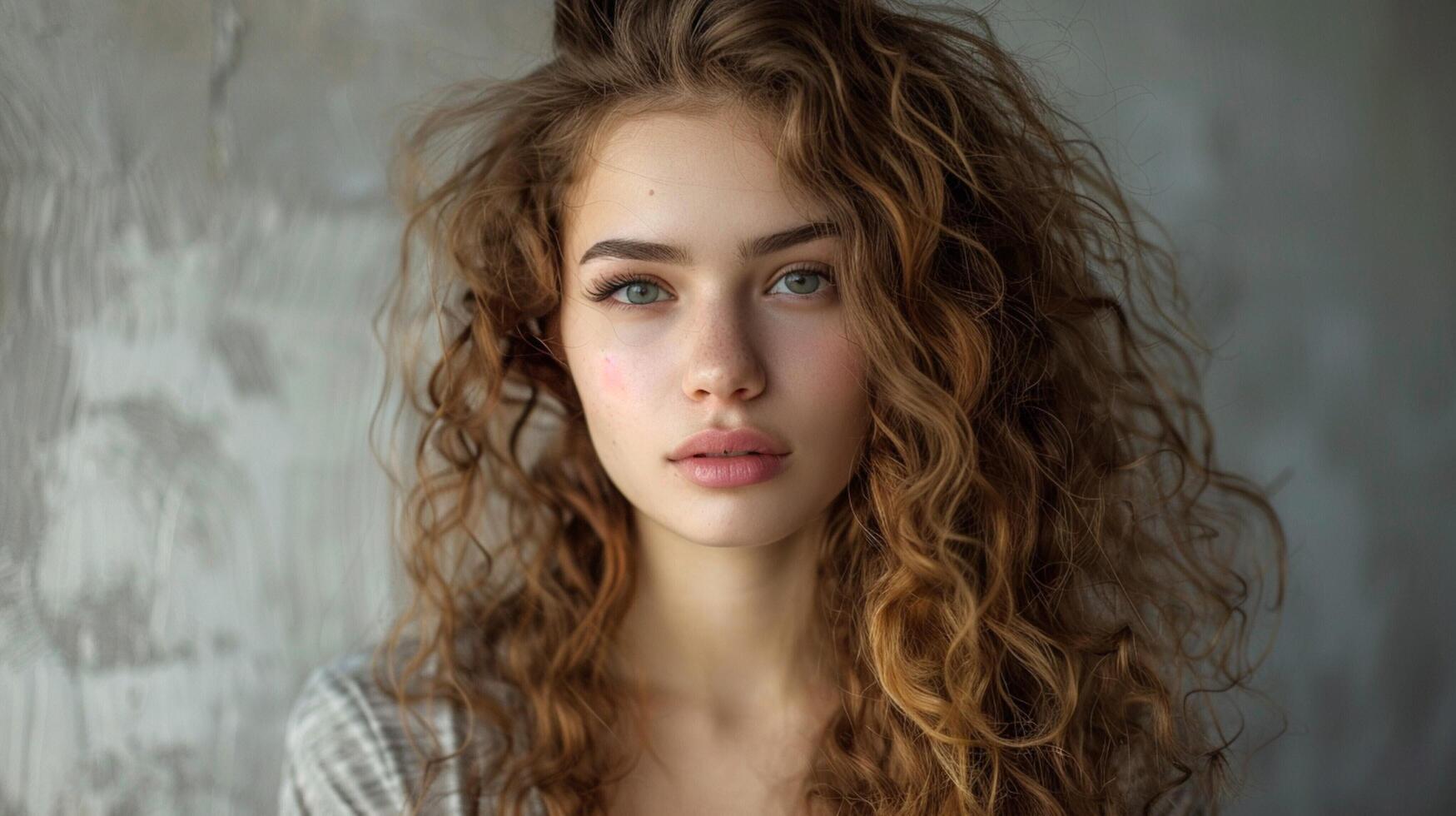 beautiful woman with long curly hair looking photo