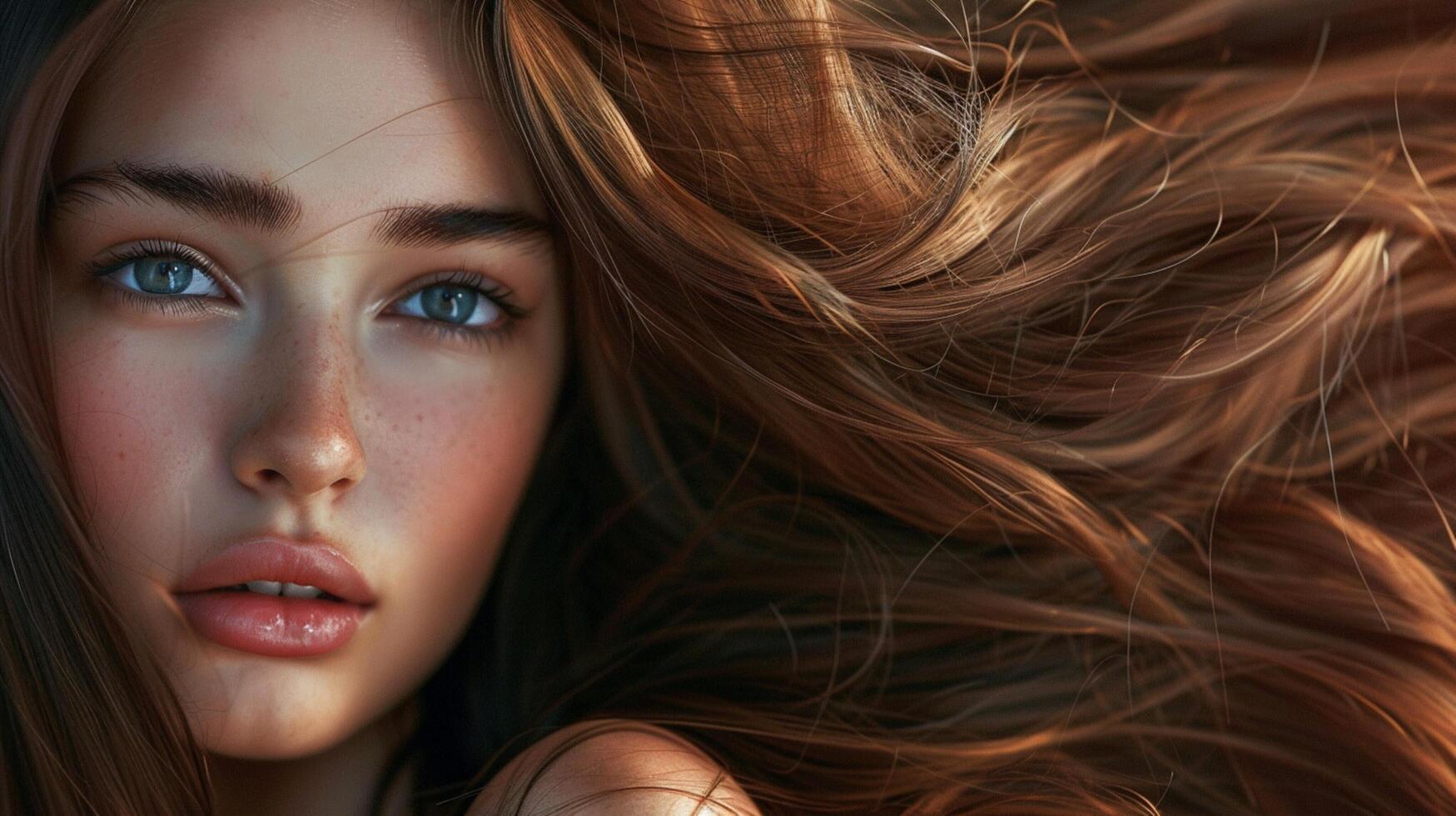 beautiful woman with long shiny brown hair looking photo