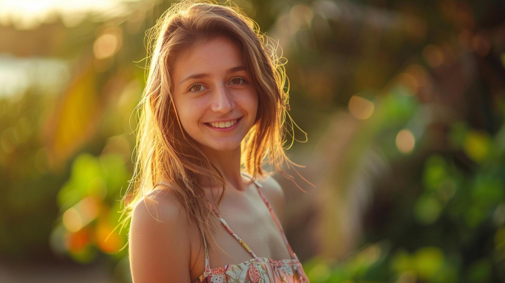 beautiful young woman in a summer dress smiling photo