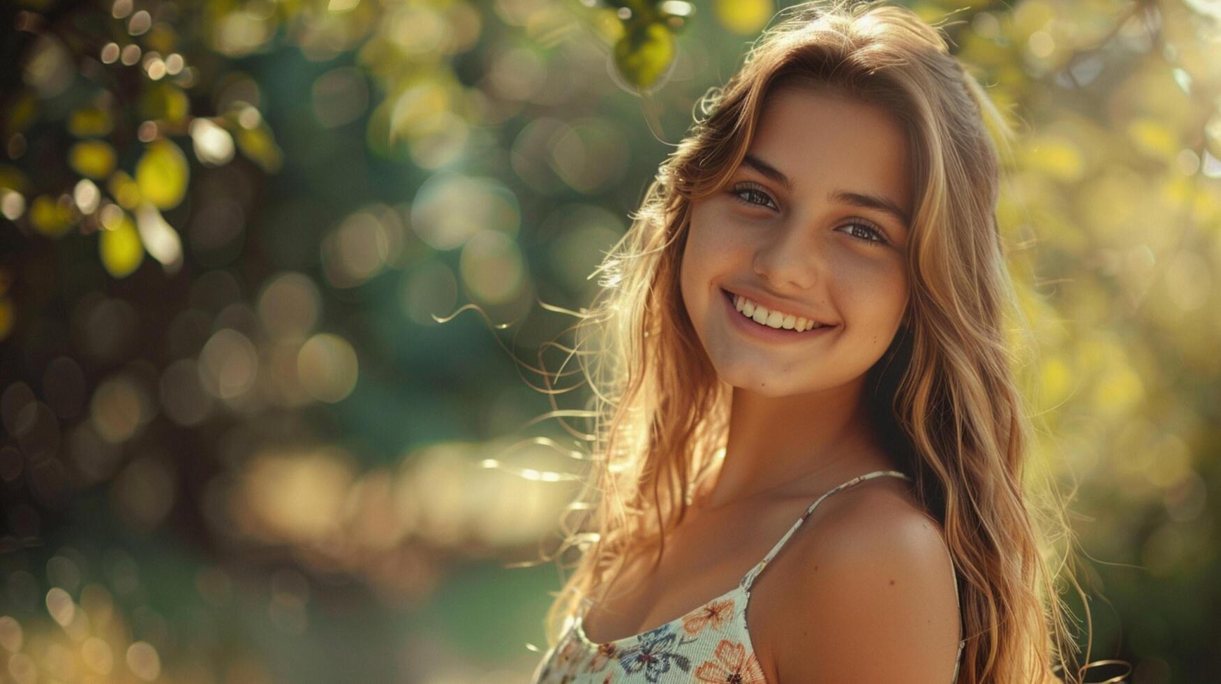 beautiful young woman in a summer dress smiling photo