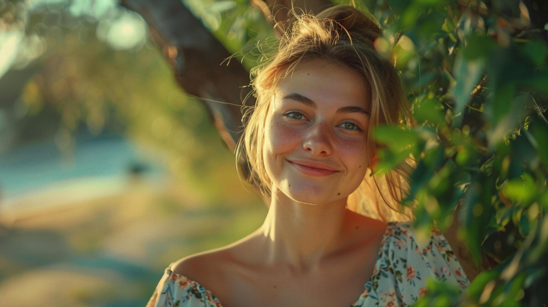 beautiful young woman in a summer dress smiling photo