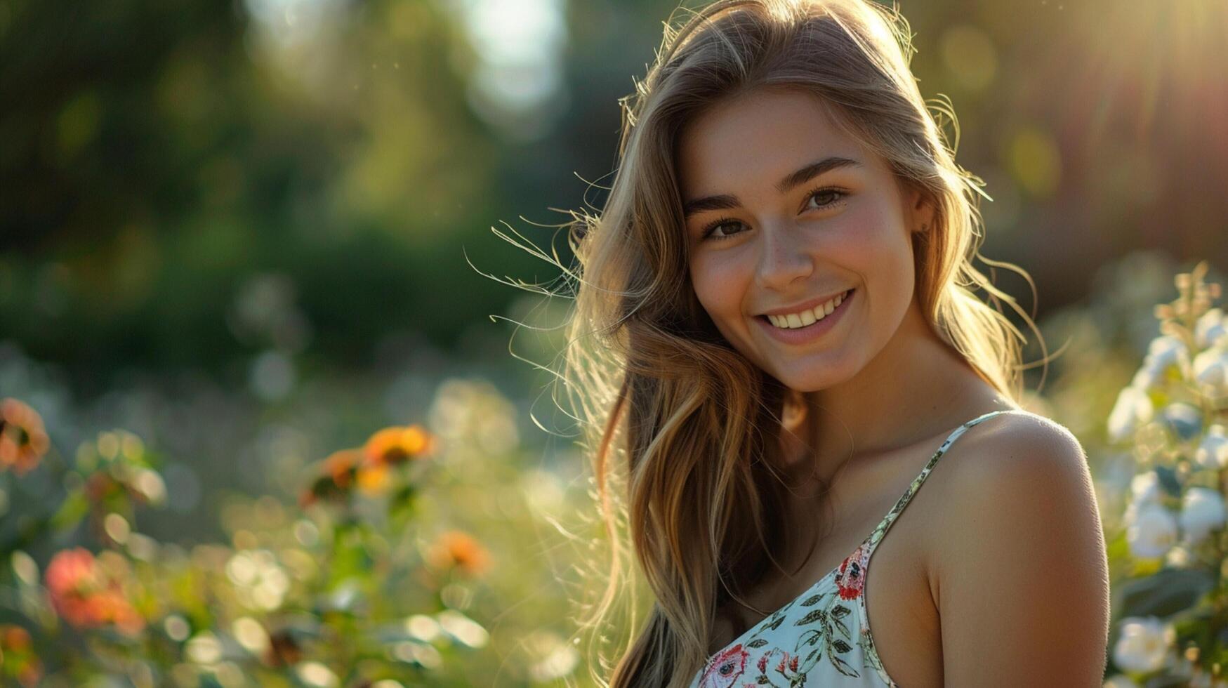 beautiful young woman in a summer dress smiling photo