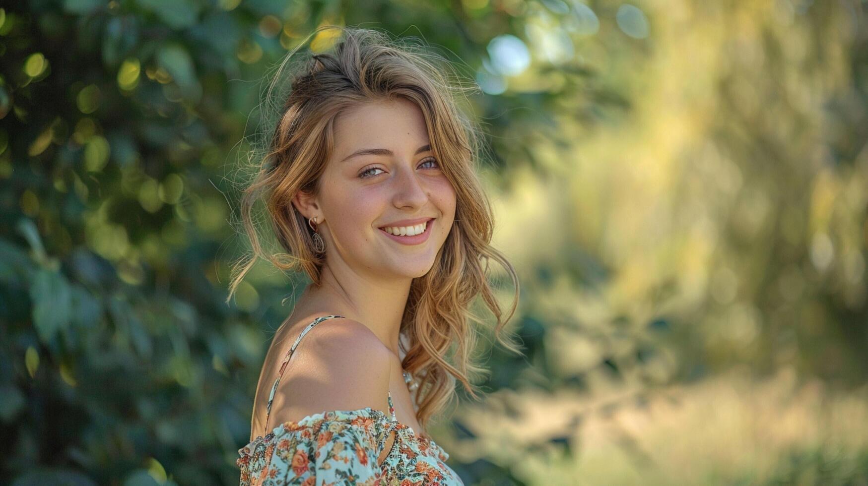 beautiful young woman in a summer dress smiling photo