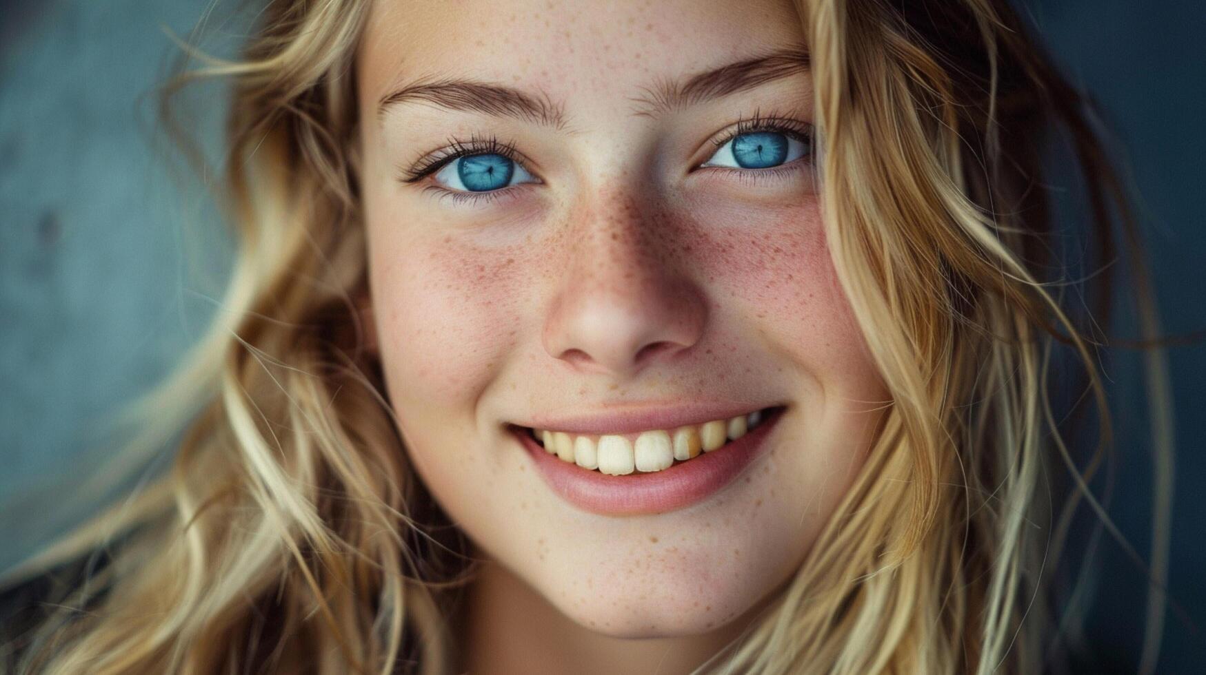 beautiful young woman with blond hair and blue photo