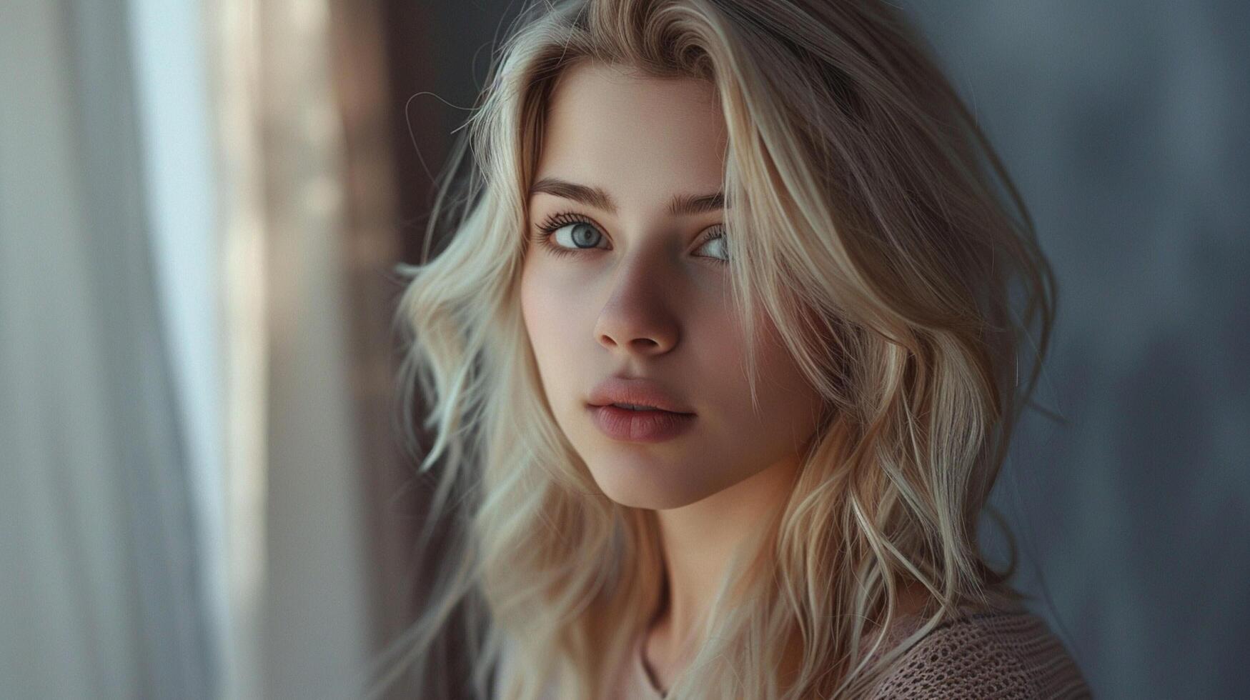 beautiful young woman with blond hair looking photo