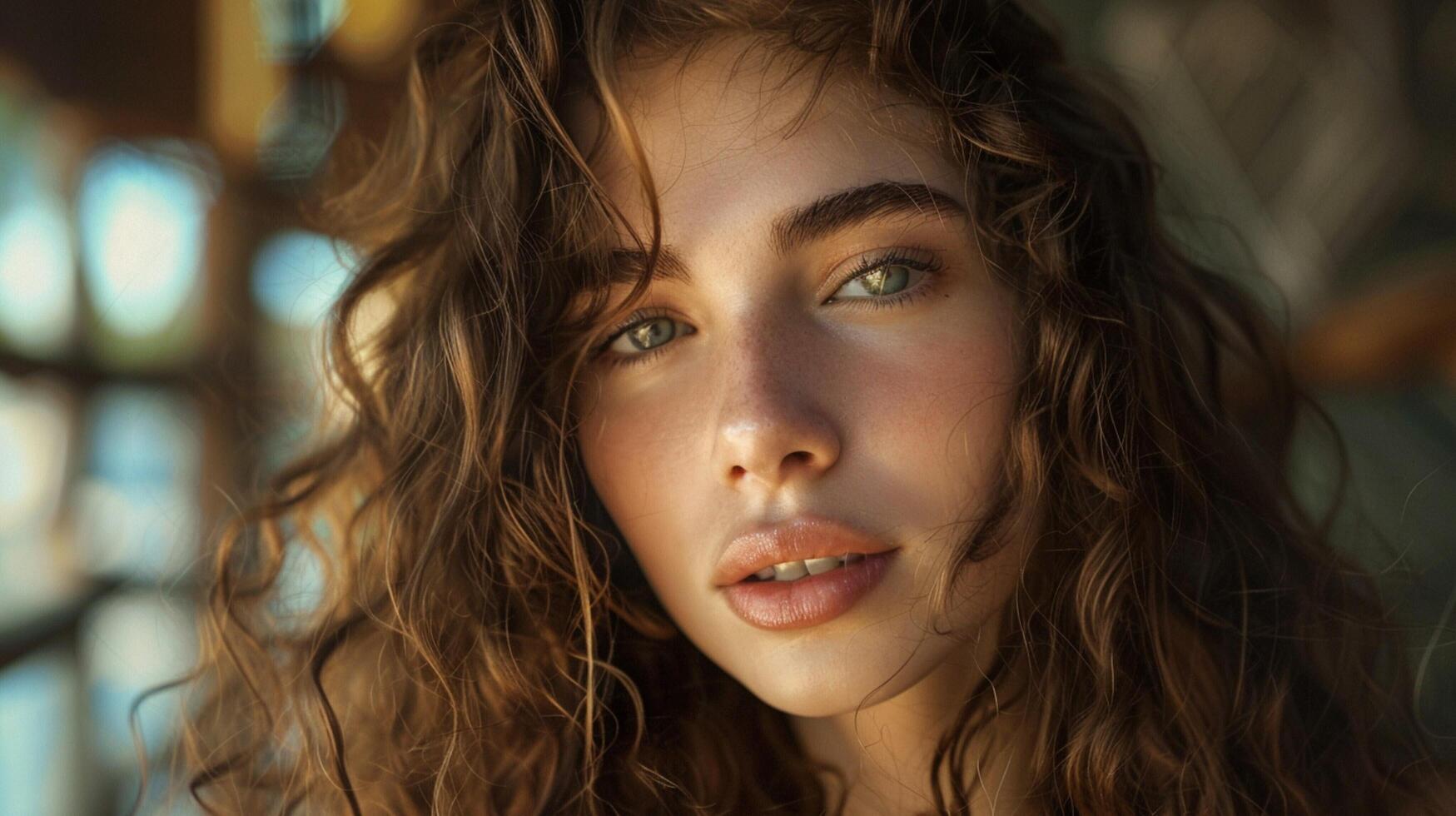 beautiful young woman with long brown curly hair photo