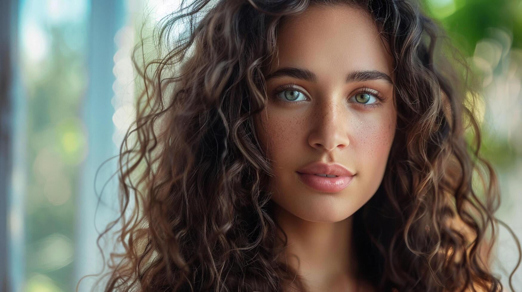 beautiful young woman with long curly brown hair photo