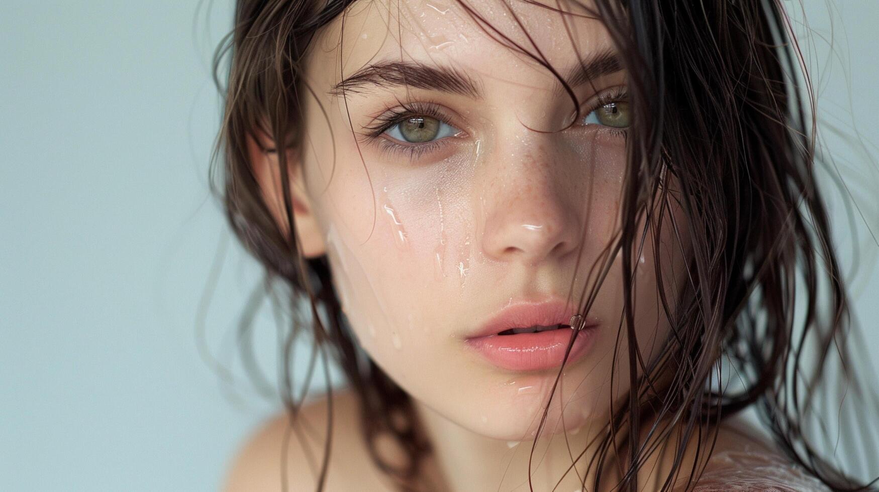 beautiful young woman with wet brown hair looking photo