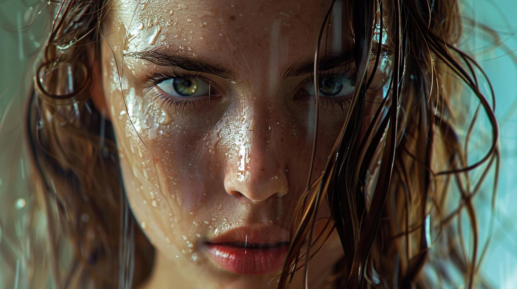 beautiful young woman with wet brown hair looking photo