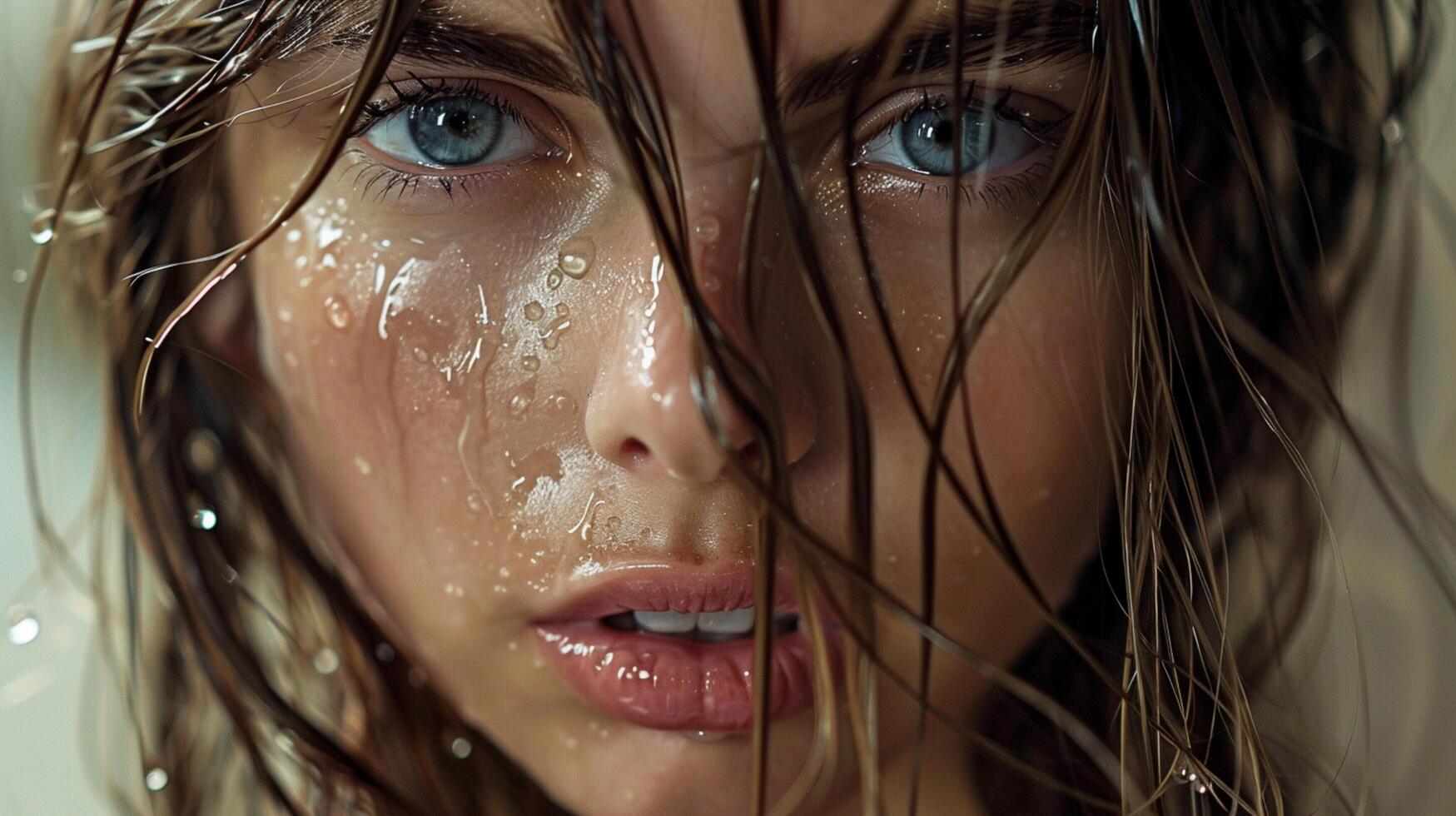 beautiful young woman with wet brown hair looking photo