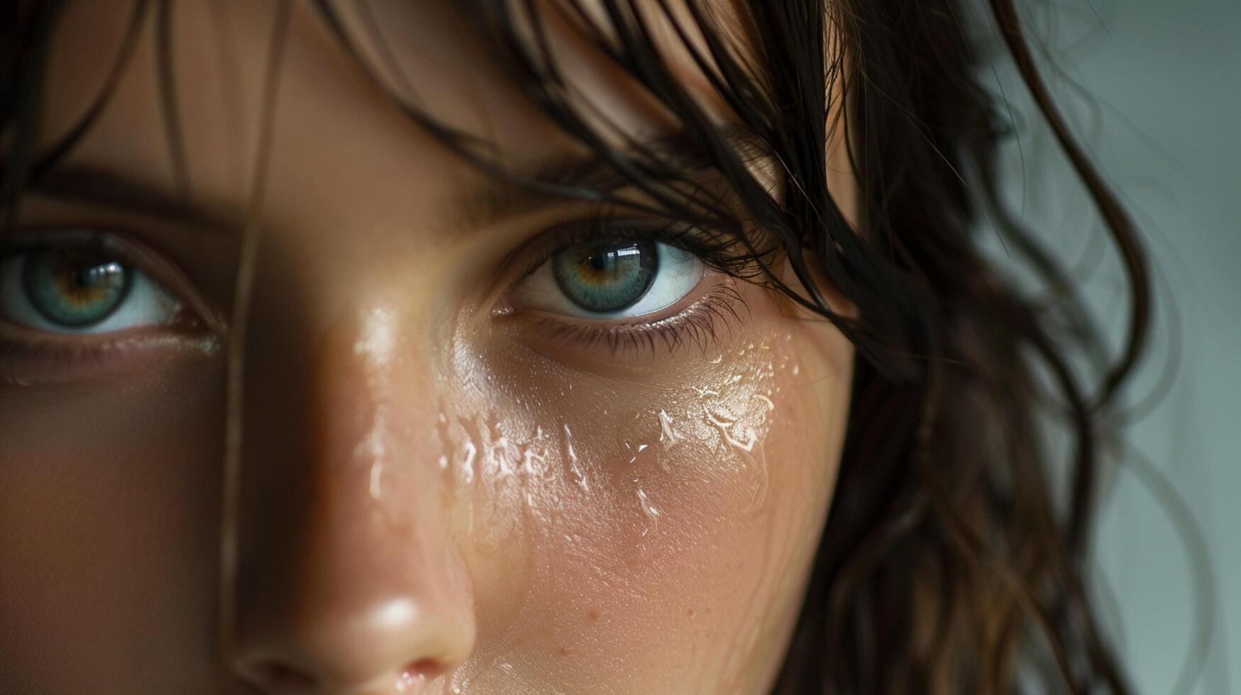 beautiful young woman with wet brown hair looking photo