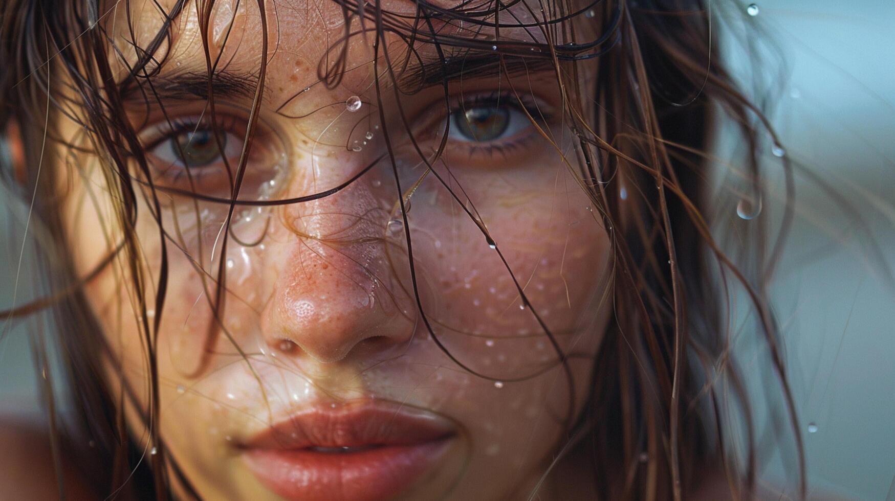 hermosa joven mujer con mojado marrón pelo mirando foto