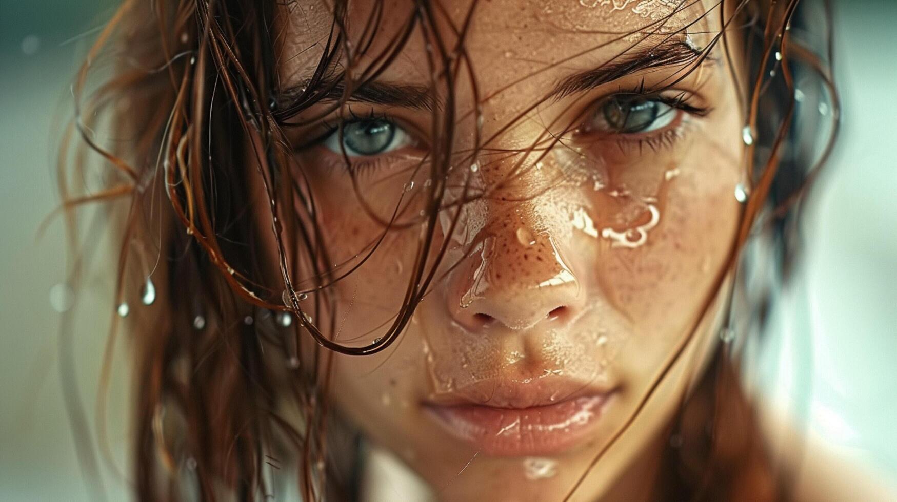 beautiful young woman with wet brown hair looking photo