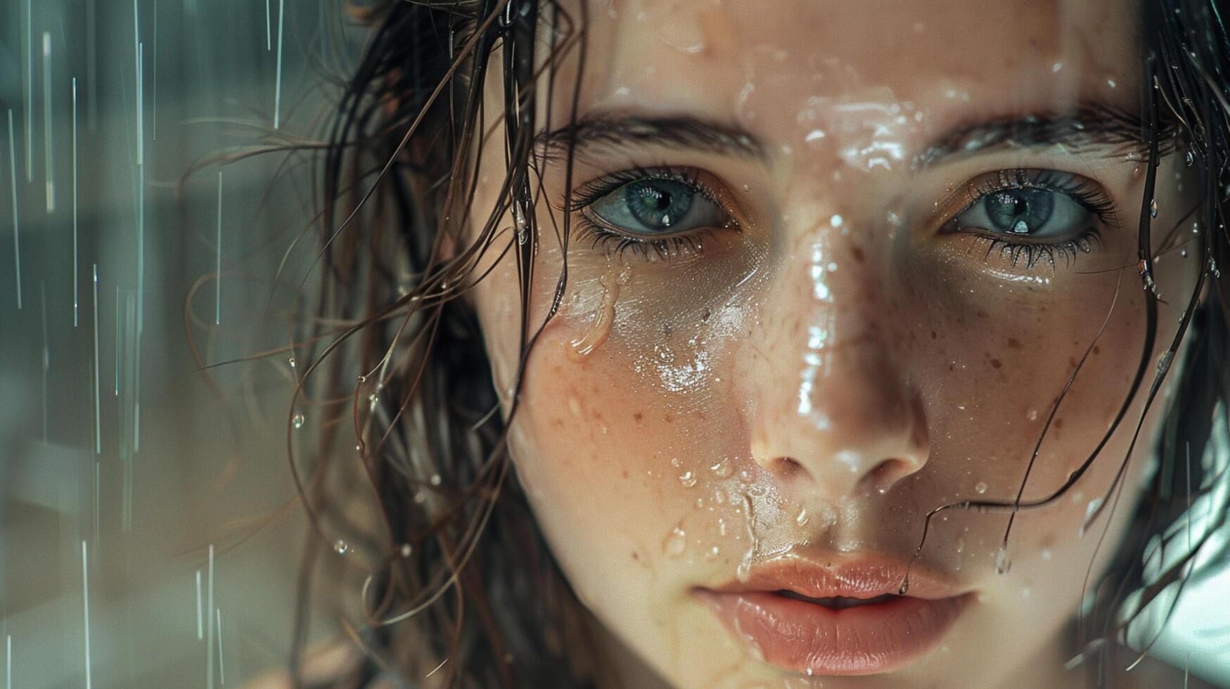 beautiful young woman with wet brown hair looking photo