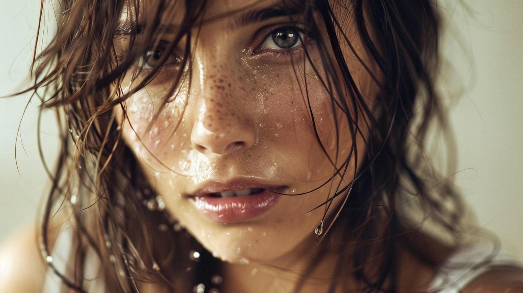 beautiful young woman with wet brown hair looking photo