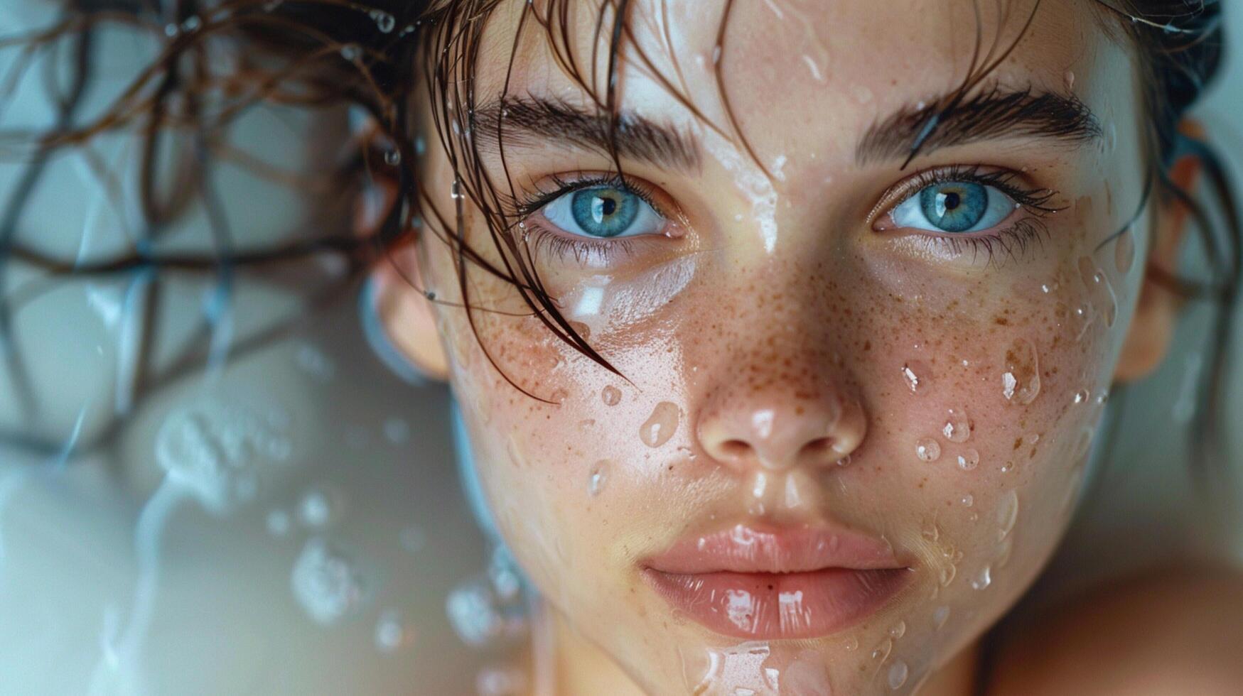 beautiful young woman with wet brown hair looking photo