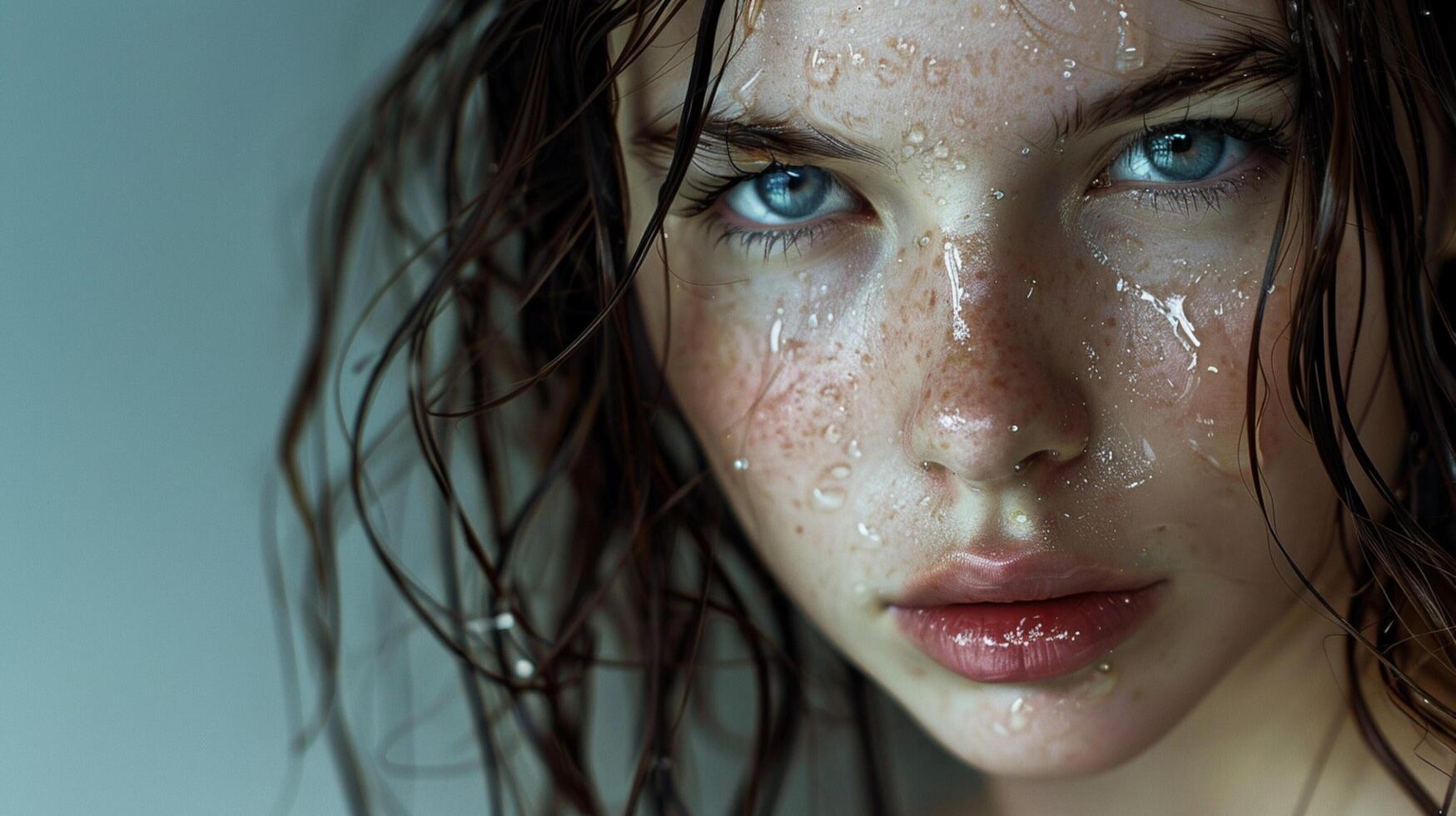 beautiful young woman with wet brown hair looking photo