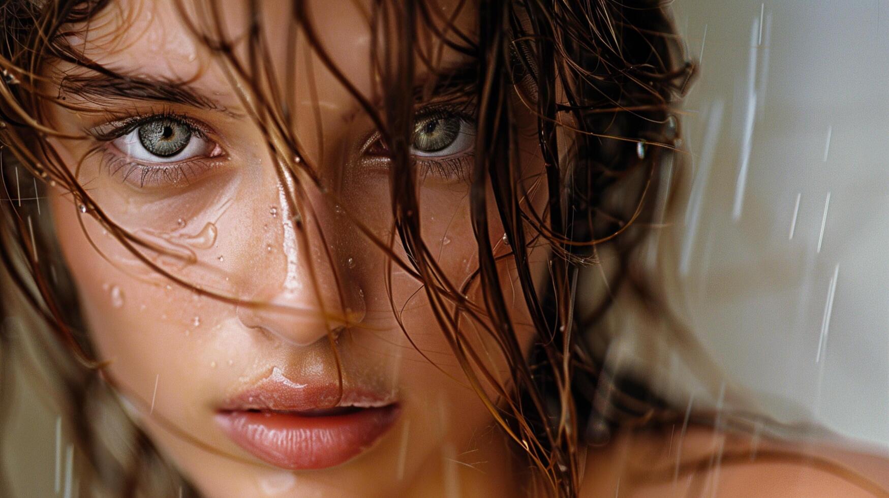 beautiful young woman with wet brown hair looking photo