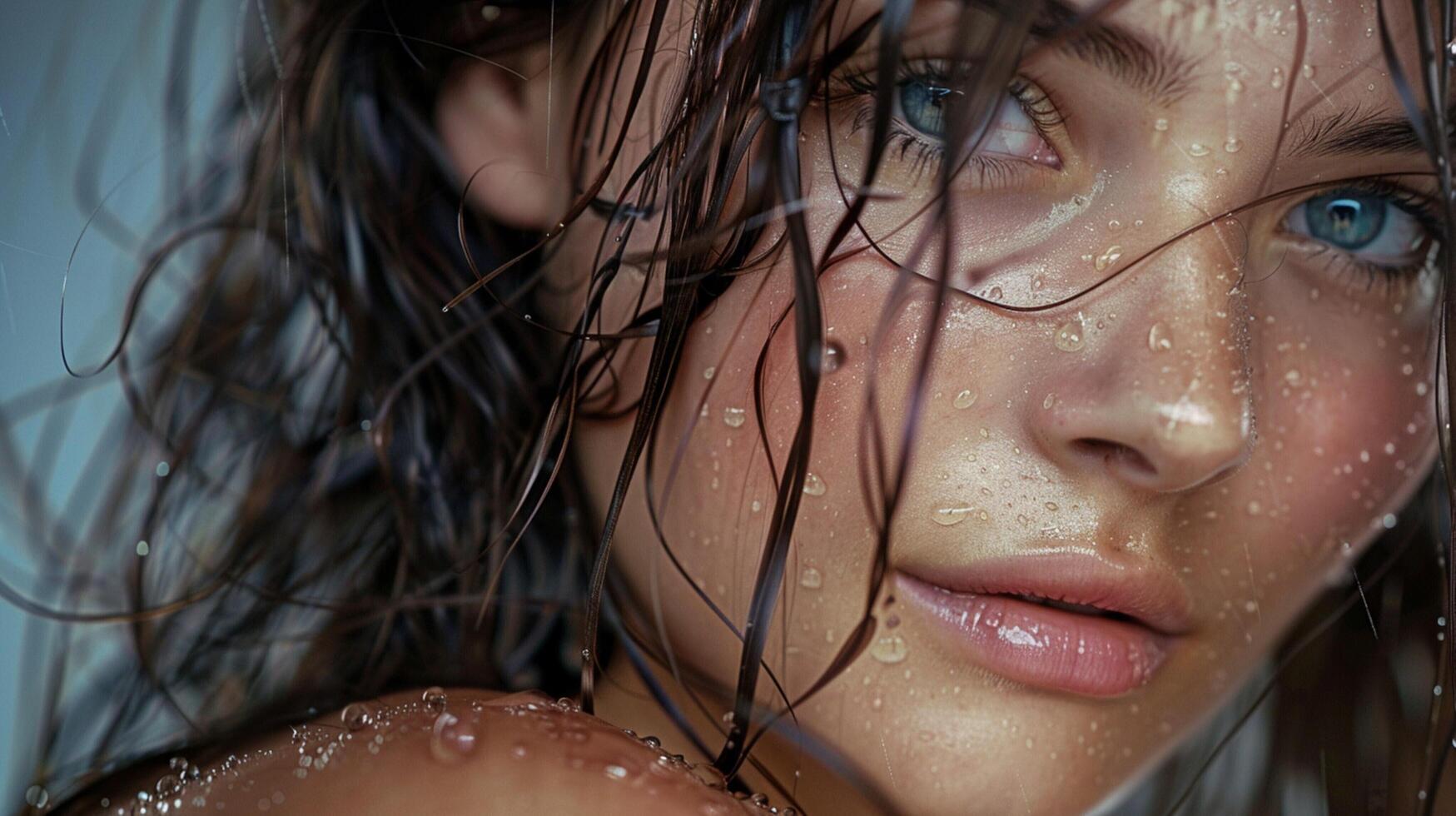 beautiful young woman with wet brown hair looking photo