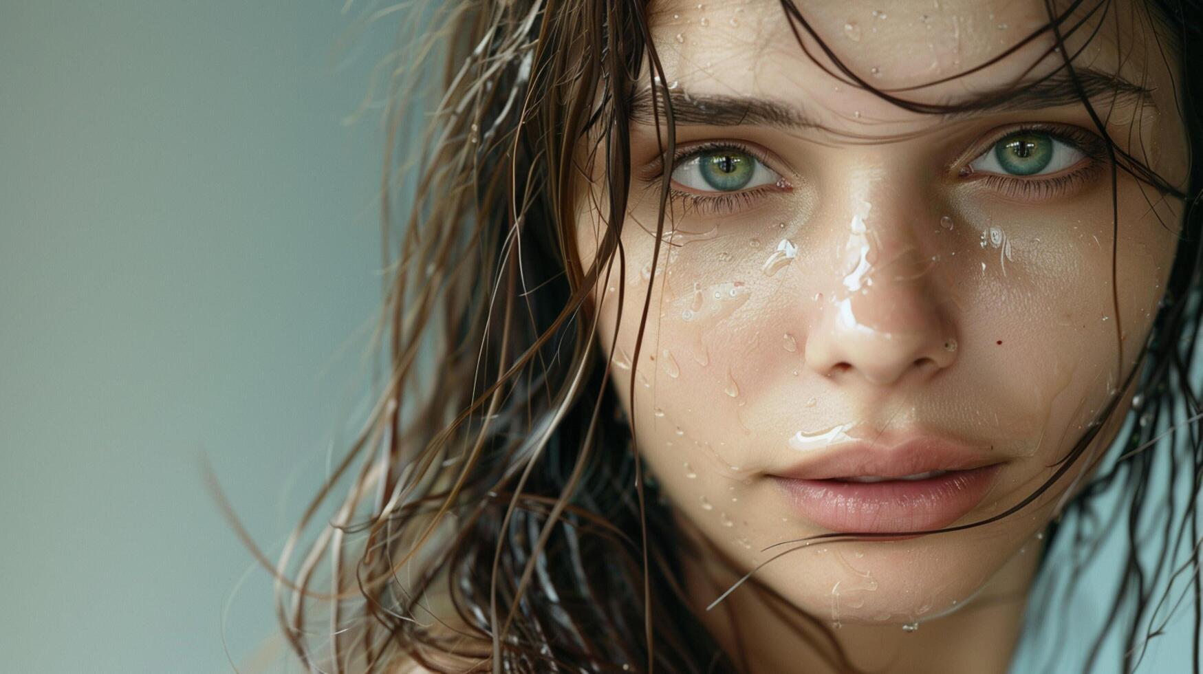 beautiful young woman with wet brown hair looking photo