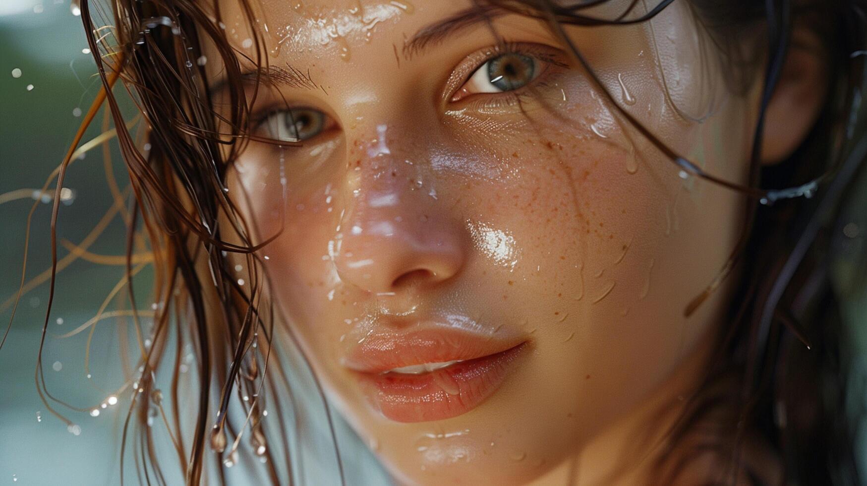 beautiful young woman with wet brown hair looking photo