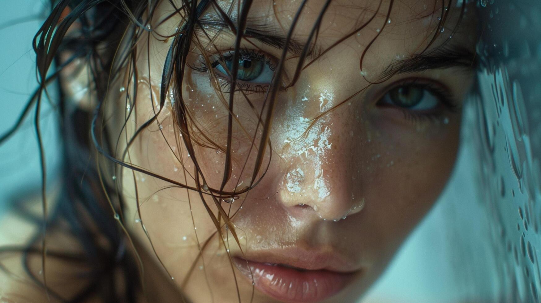 beautiful young woman with wet brown hair looking photo