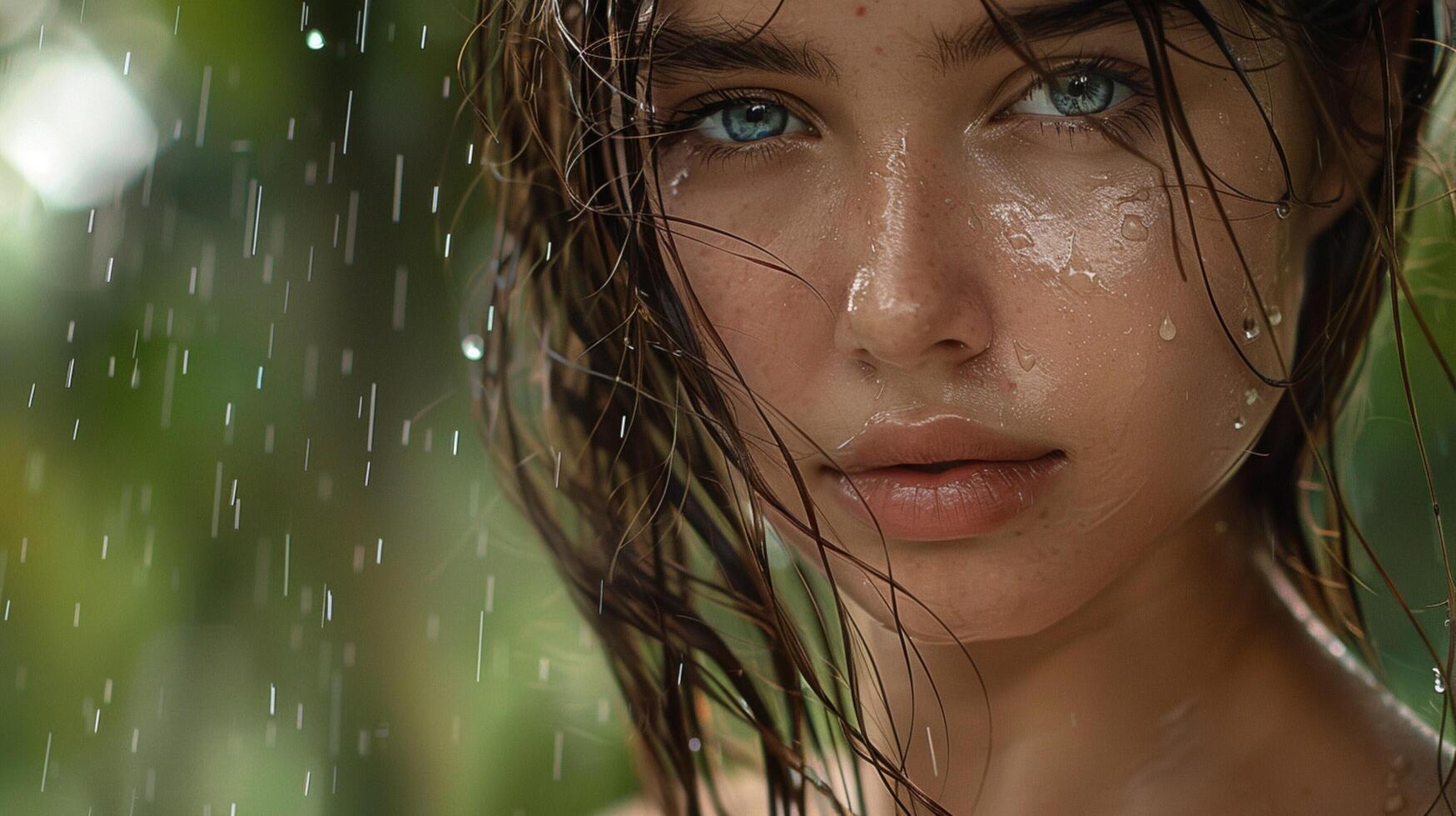 hermosa joven mujer con mojado pelo mirando foto