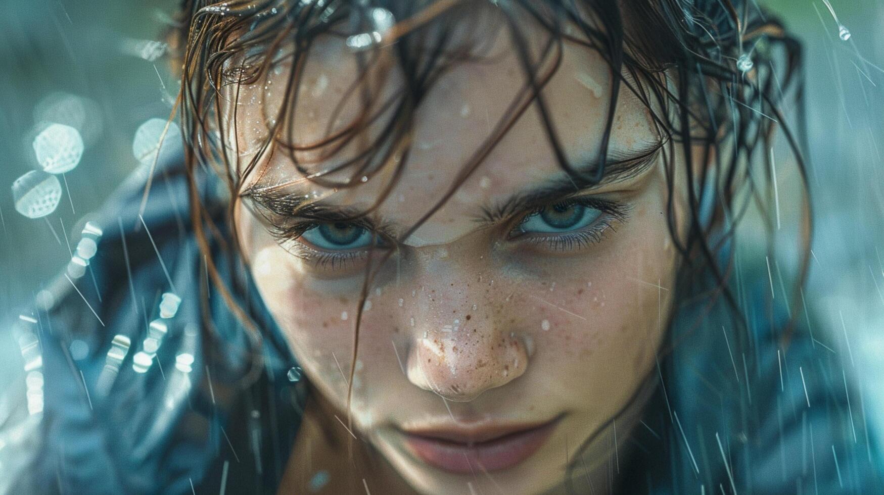 hermosa joven mujer con mojado pelo mirando foto