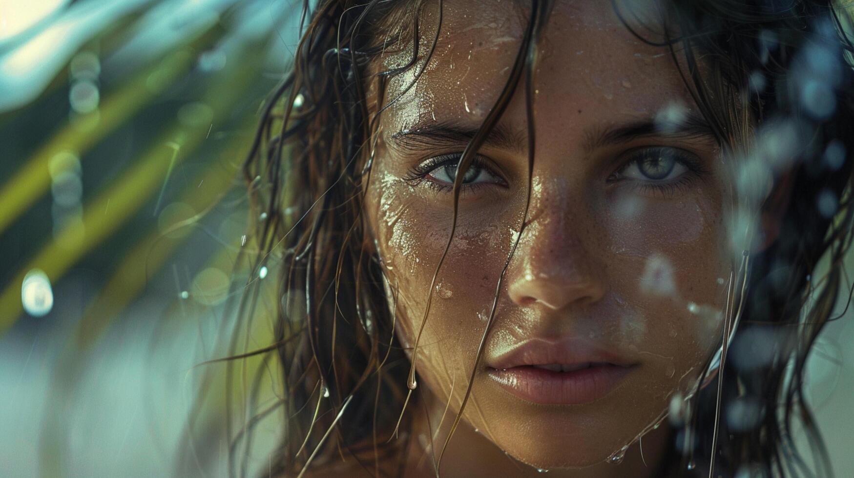 hermosa joven mujer con mojado pelo mirando foto