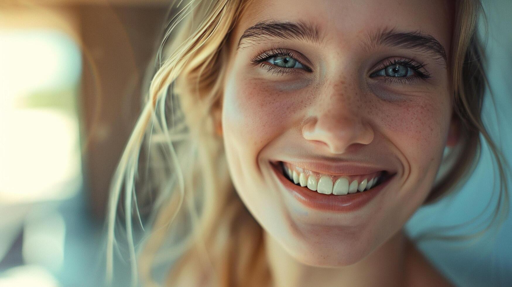 beautiful young women with toothy smiles indoors photo