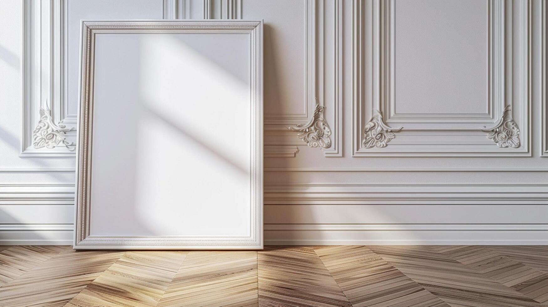 blank picture frame on parquet floor photo