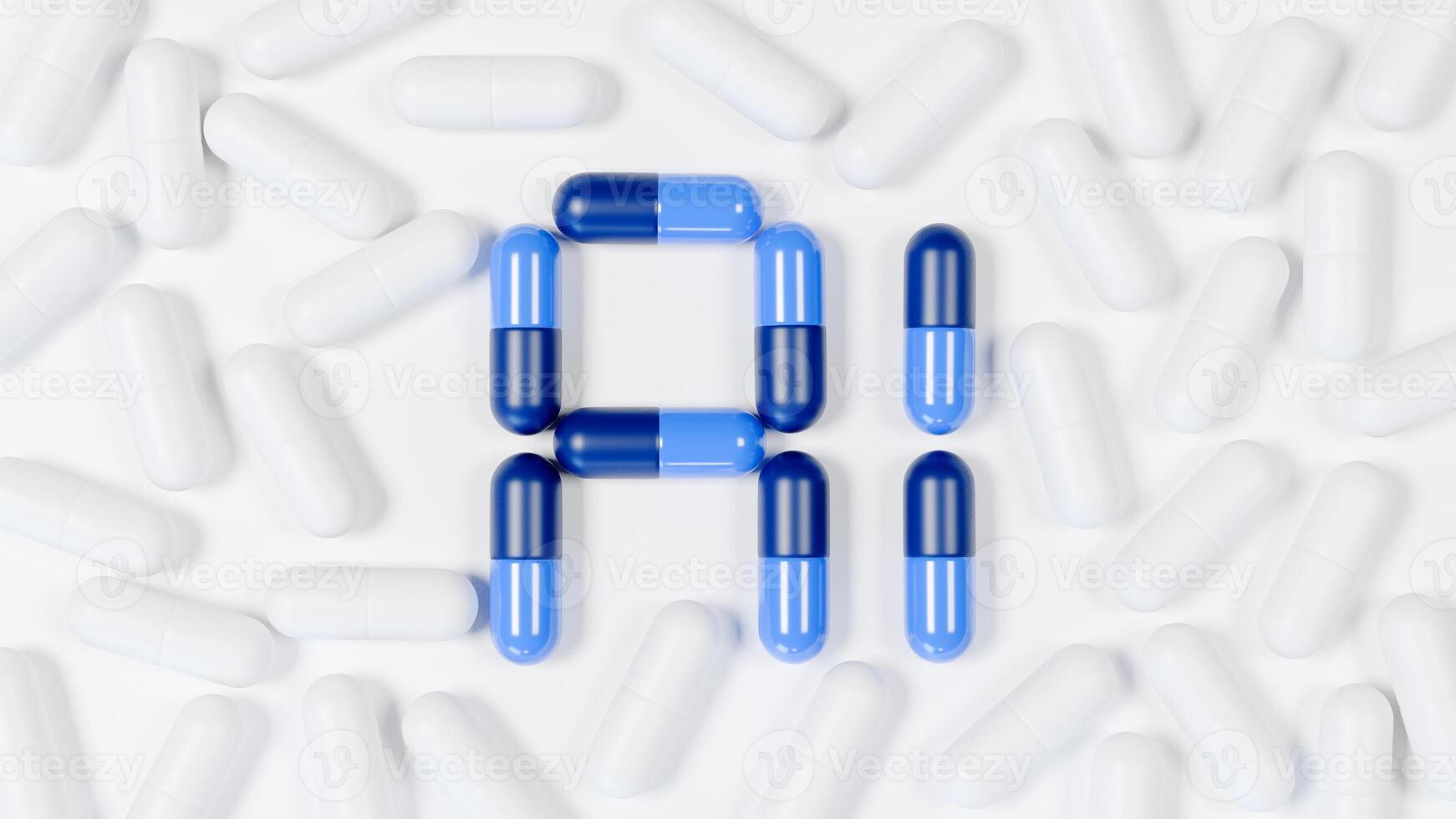 Medicine blue capsule and wite capsule 3D render technology medical AI Artificial Intelligence futuristic concept background. photo