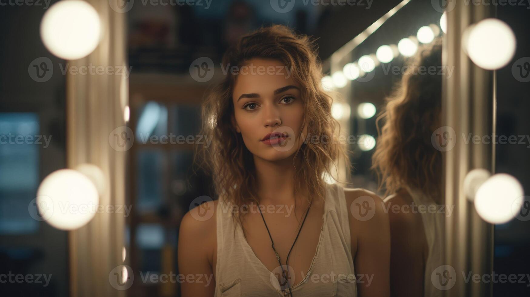 Beautiful girl in front of make-up mirror. Actress and model in dressing room. Woman in evening dress preparing for performance. photo