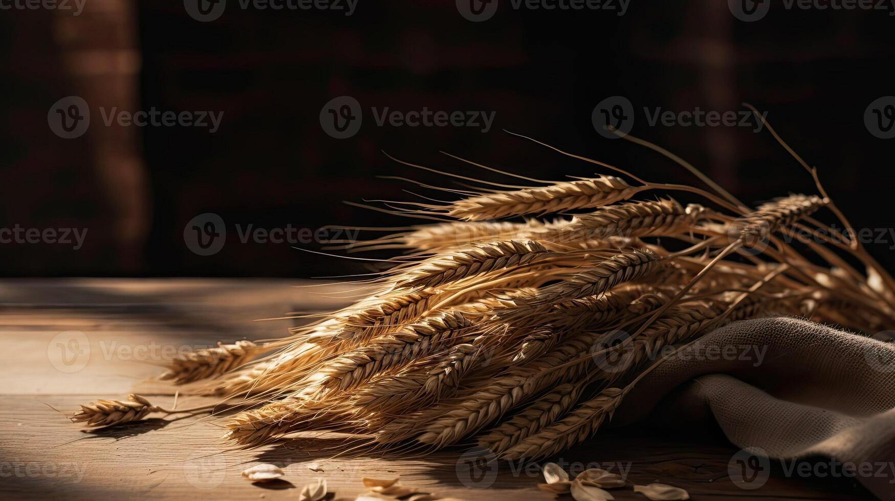 Table made of wooden planks with ears of wheat. Copy space for presentation of rustic business product. Background template. Natural rustic concept. photo