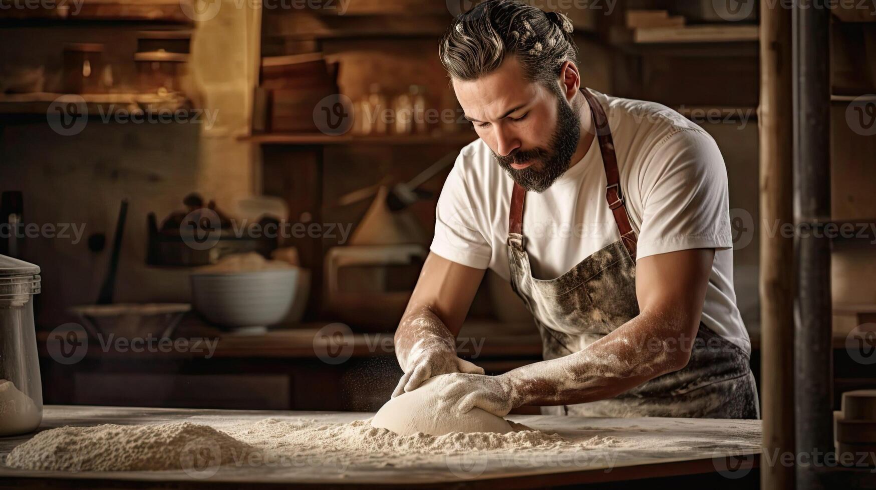 Baker kneads the dough for bread or pie. Work in bakery. Portrait of adult man with beard in small business. photo