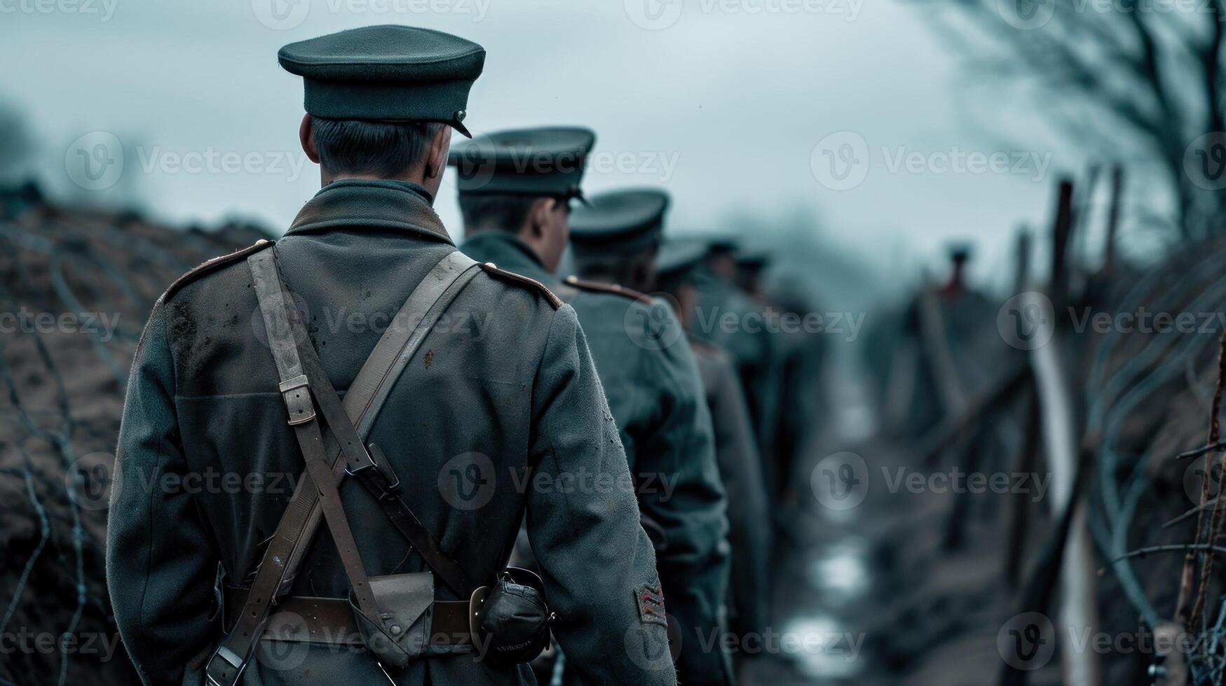 Group of retro military soldiers in trenches. Special army unit of 20th century in the war. photo