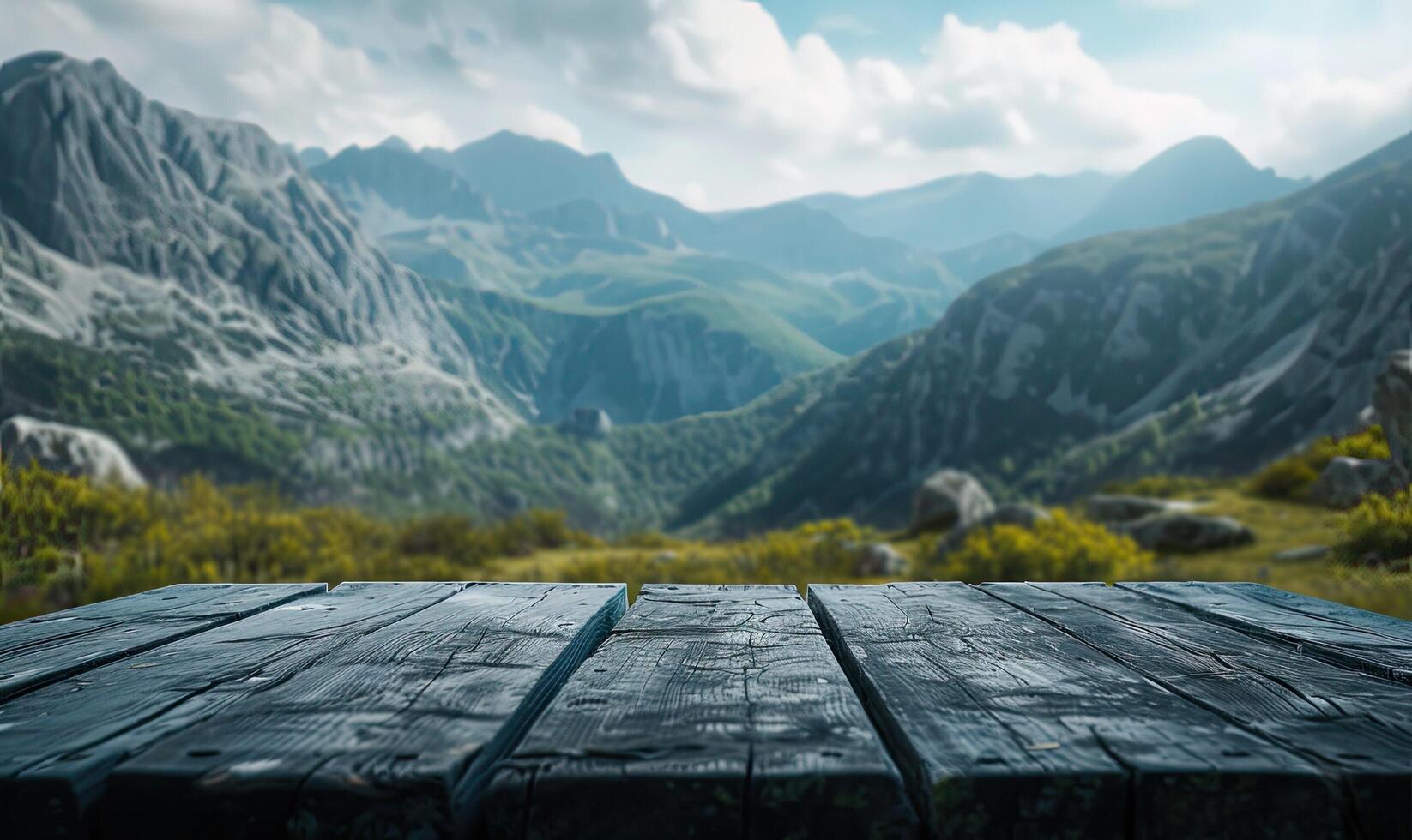 Empty table for copyspace template on mountain landscape. Tabletop side view for mock up. Plank wooden board counter on rustic outdoor backdrop for mockup. photo