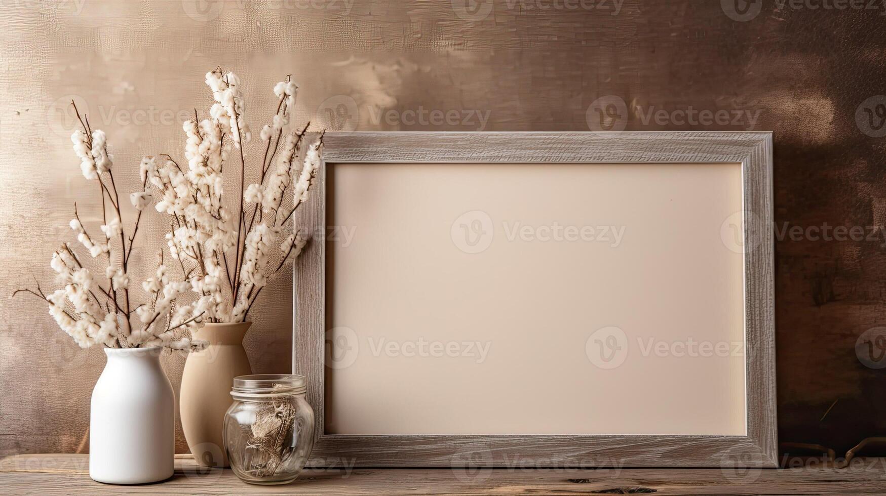 Empty photo frame canvas on boho background with flowers. A mockup in a rustic style. Natural Business template with dry plants and wooden table.