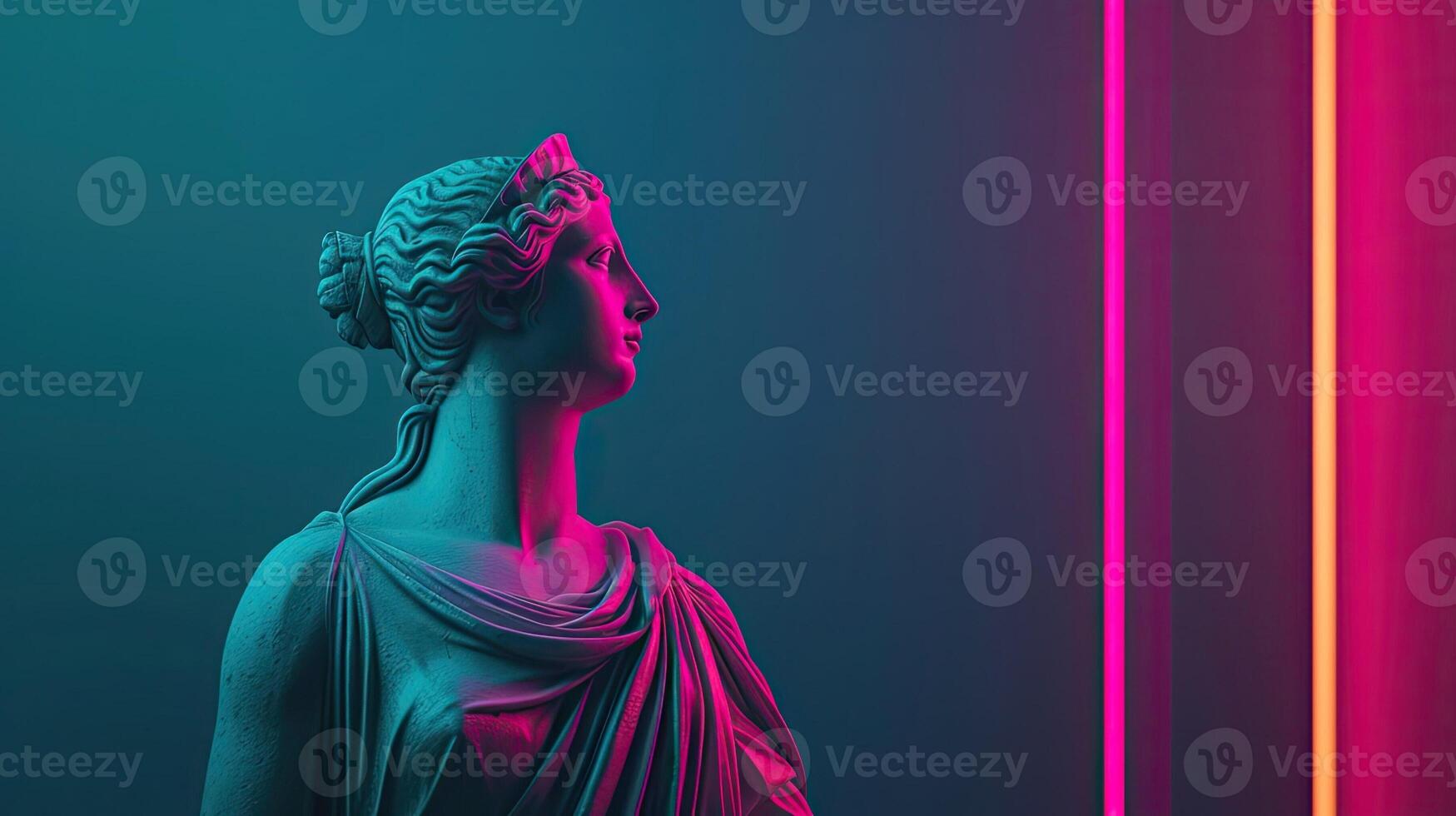 Classical neon statue, antique ancient sculpture in digital synthwave or vaporwave. . 90s creative abstract fashion photo