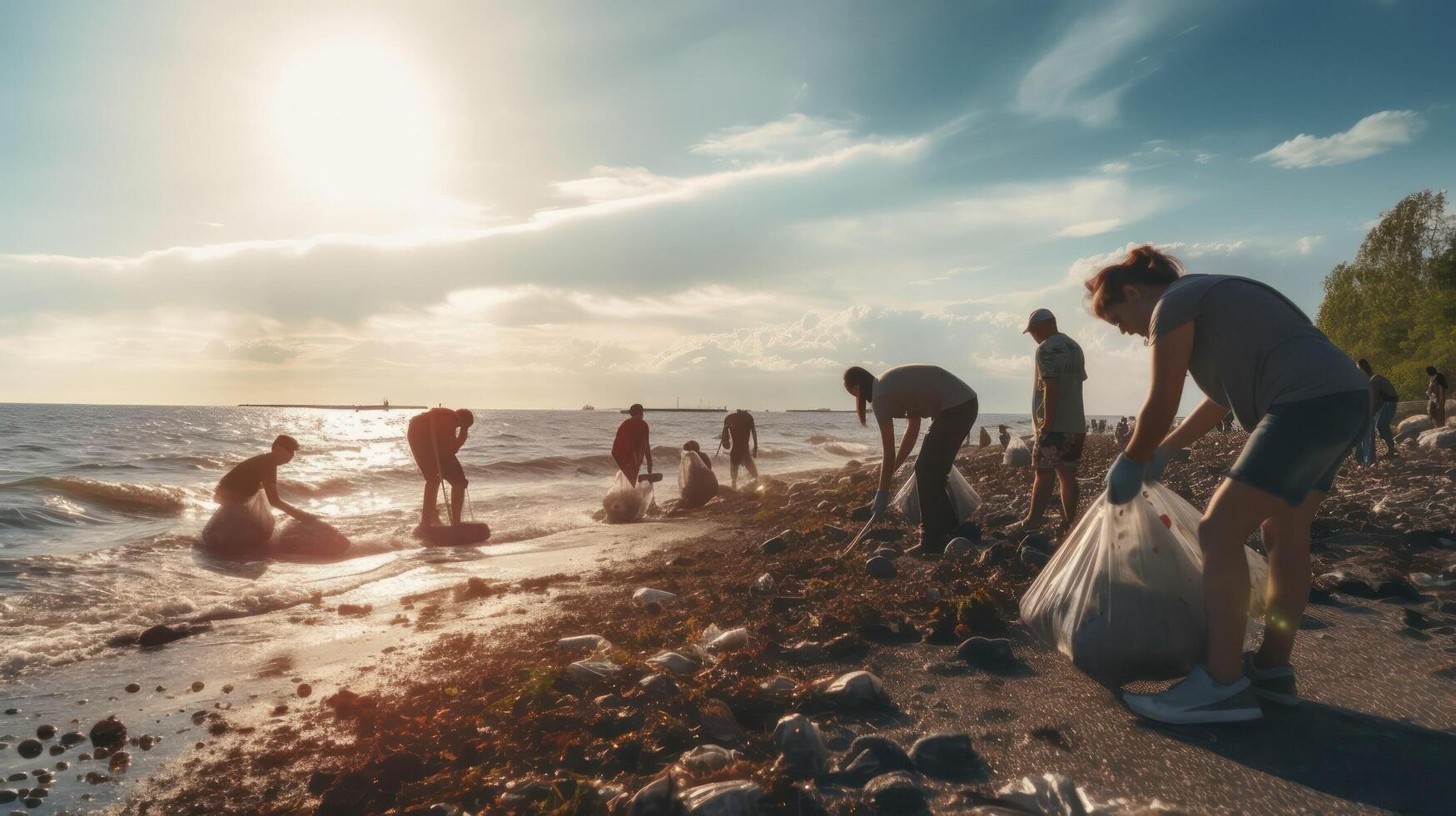 Volunteers clean up on beach. Group of people with plastic bags at work on seashore. Oceanic natural landscape and problem of ecology. photo