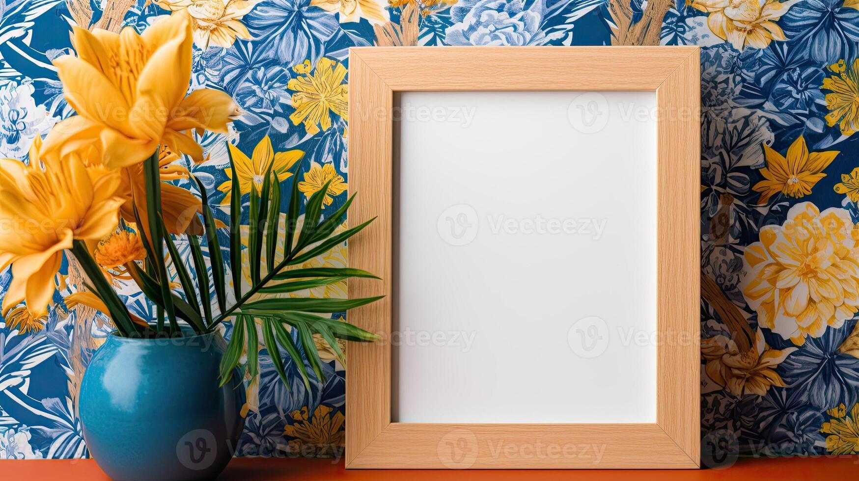 Empty photo frame on beautiful background with flowers. . A empty mockup with border in a bright style. Natural Business Template