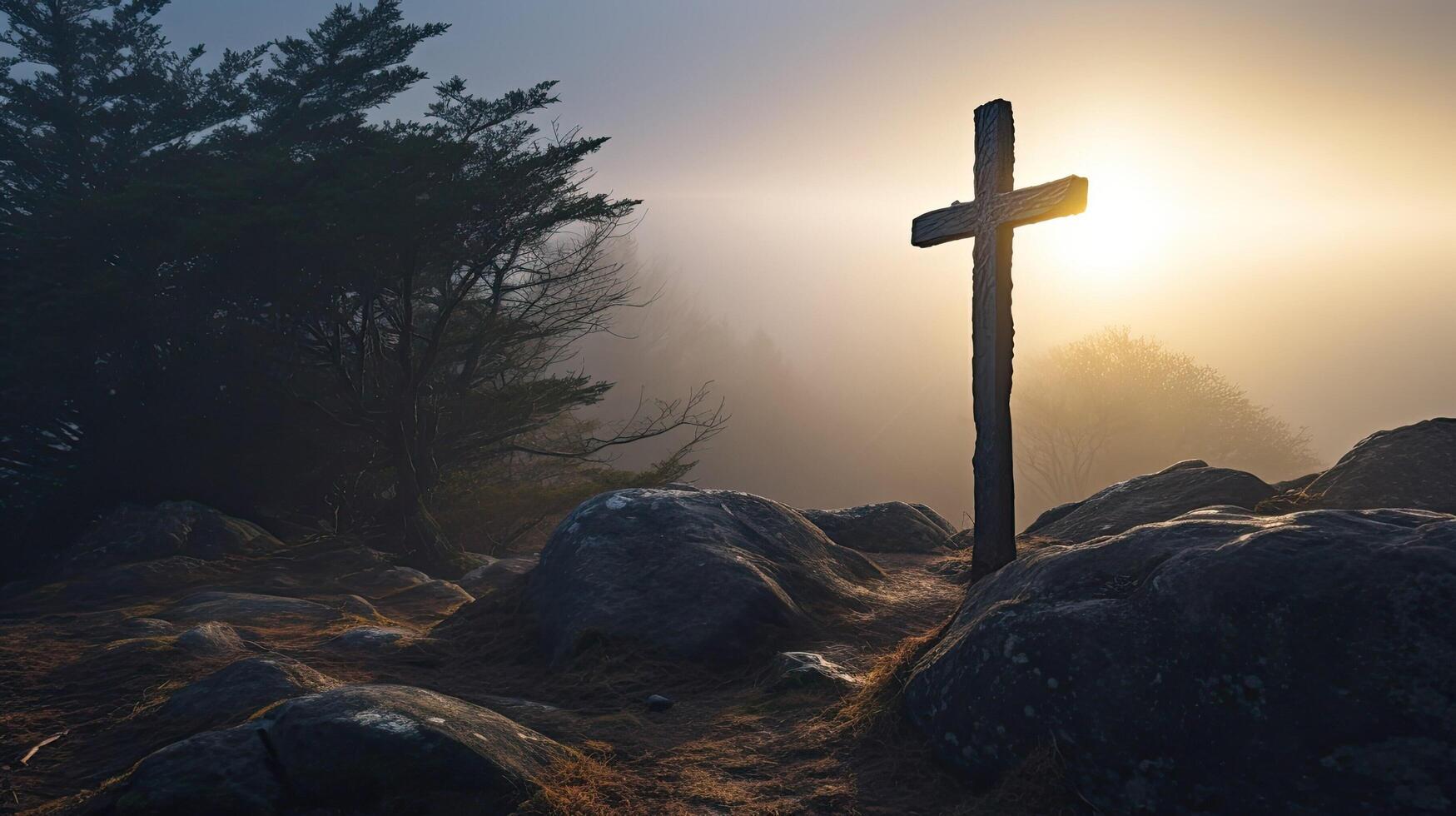 Cross in midst of misty forest. Christian symbol among rocks and trees. Concept of finding the way and faith. photo