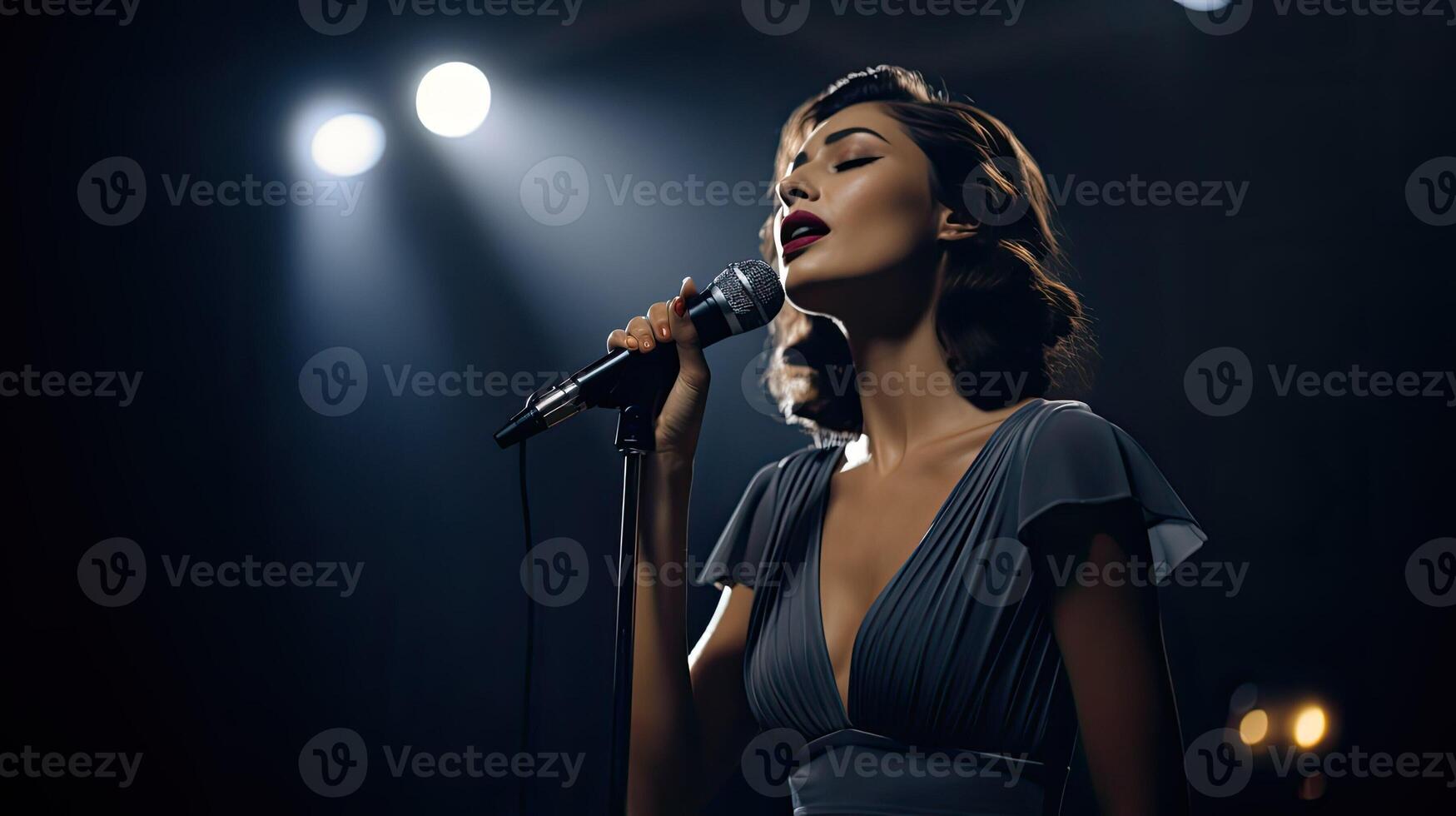 Stylish retro girl in vintage dress sings into a microphone. Woman singer of 20s and 30s years. Concert and performance. White Spotlights. photo