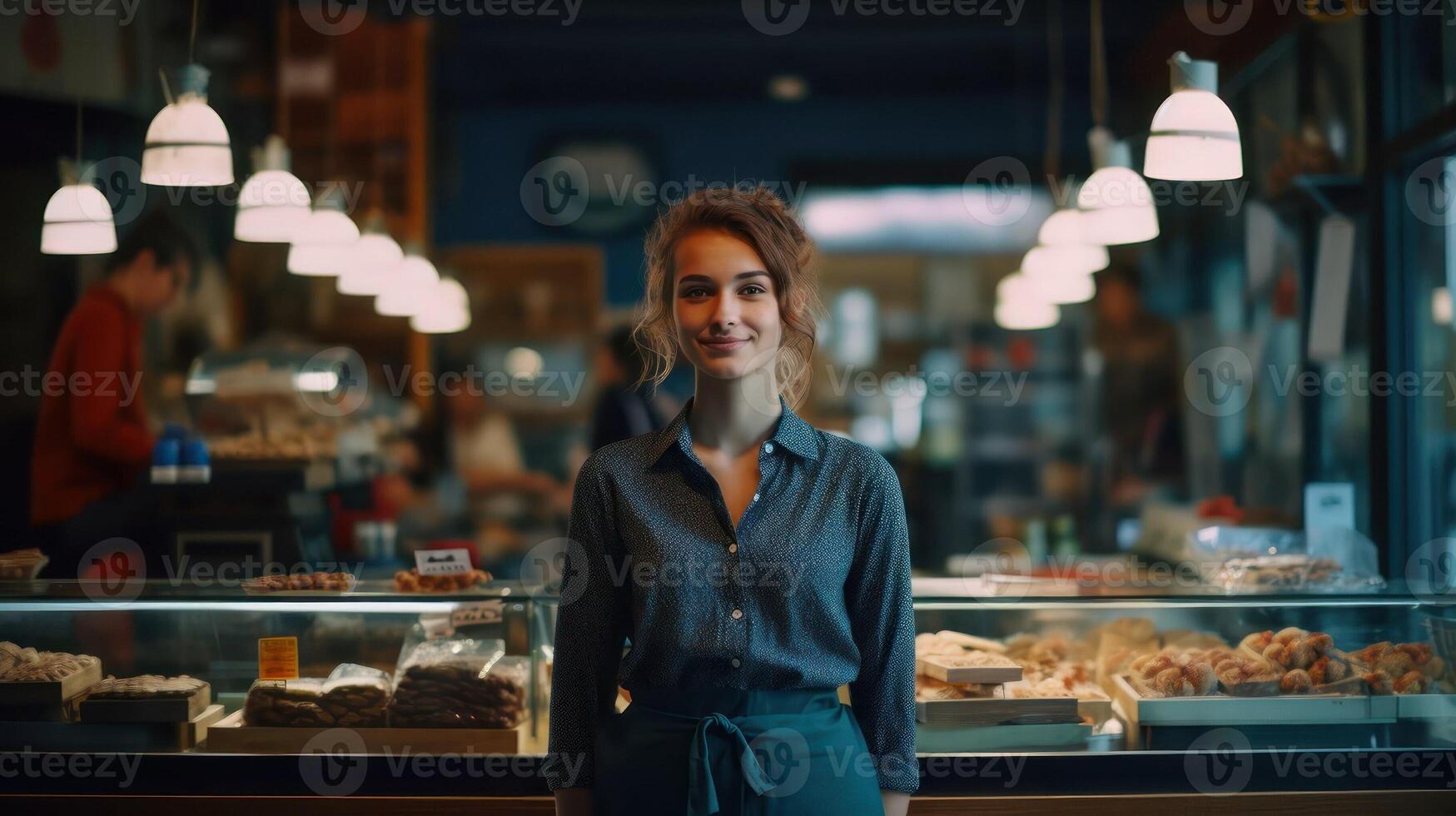 Owner of small bakery. Young pretty woman stands at counter with pastries and bread. Small business and work. Showcase with pies. photo