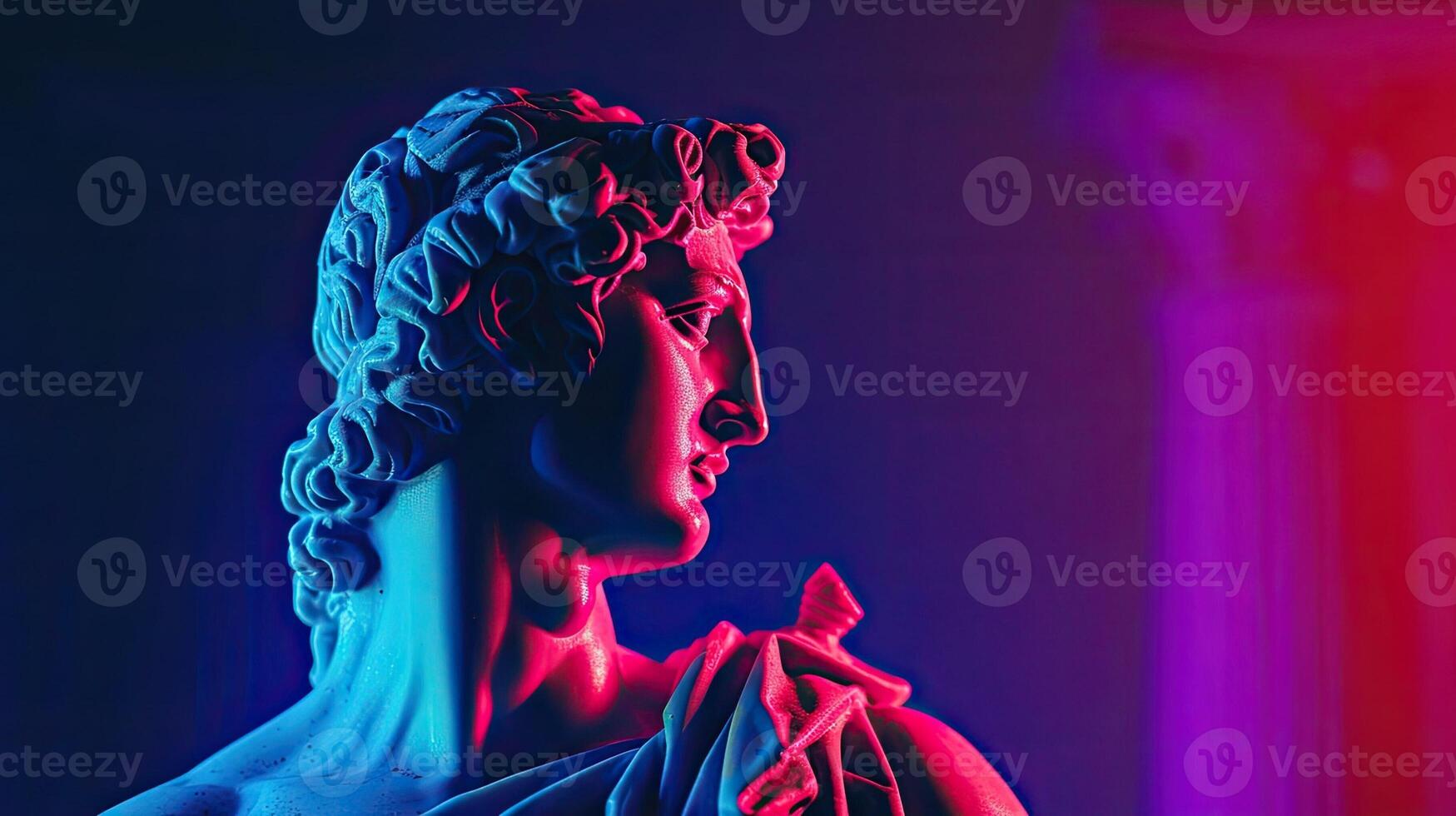 Classical neon statue, antique ancient sculpture in digital synthwave or vaporwave. . 90s creative abstract fashion photo