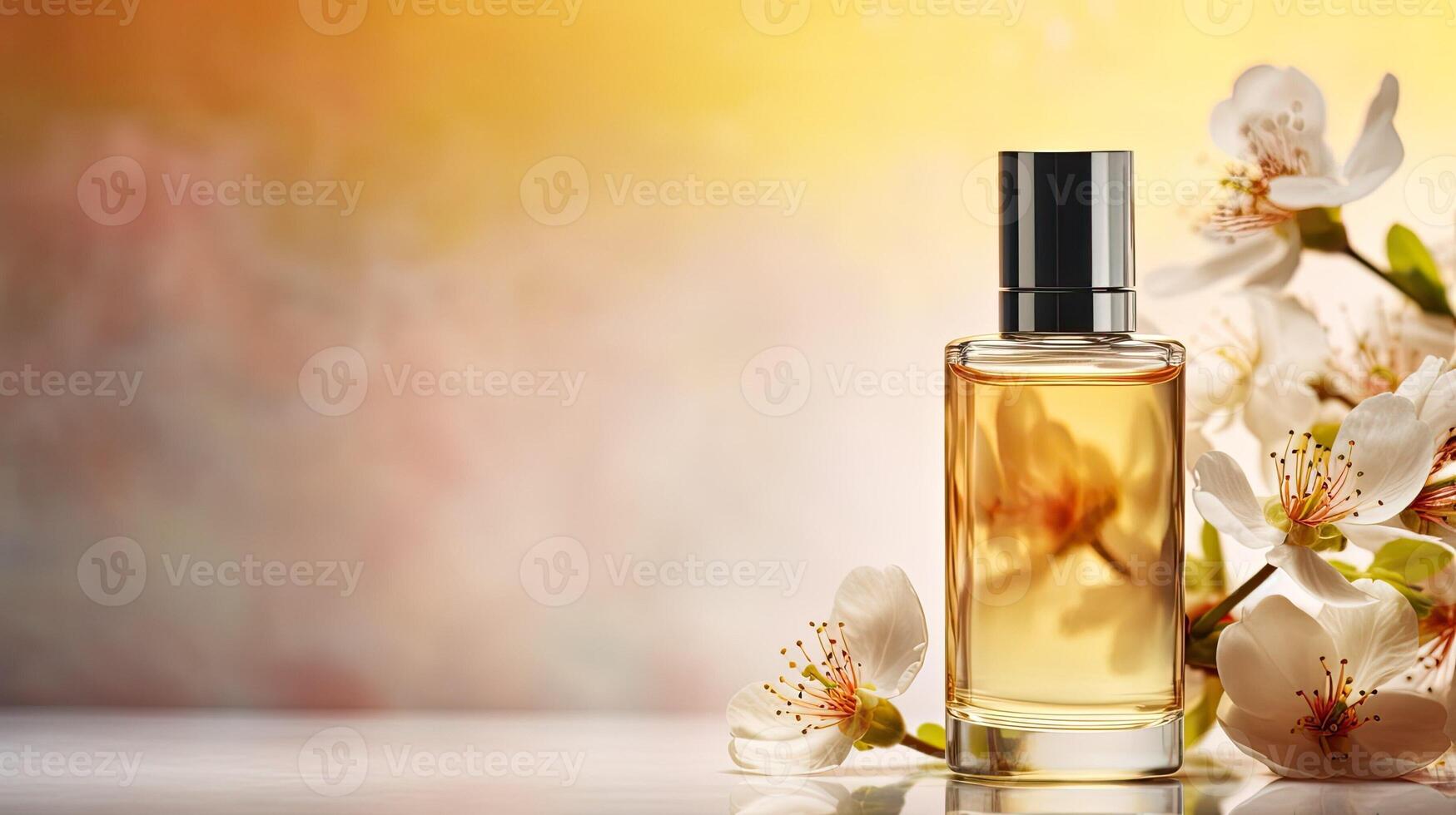 Jar of natural lotion or perfume. Presentation and mockup of aromatherapy product. Business template for cosmetics and skin care. Moisturizing yellow essential. . photo